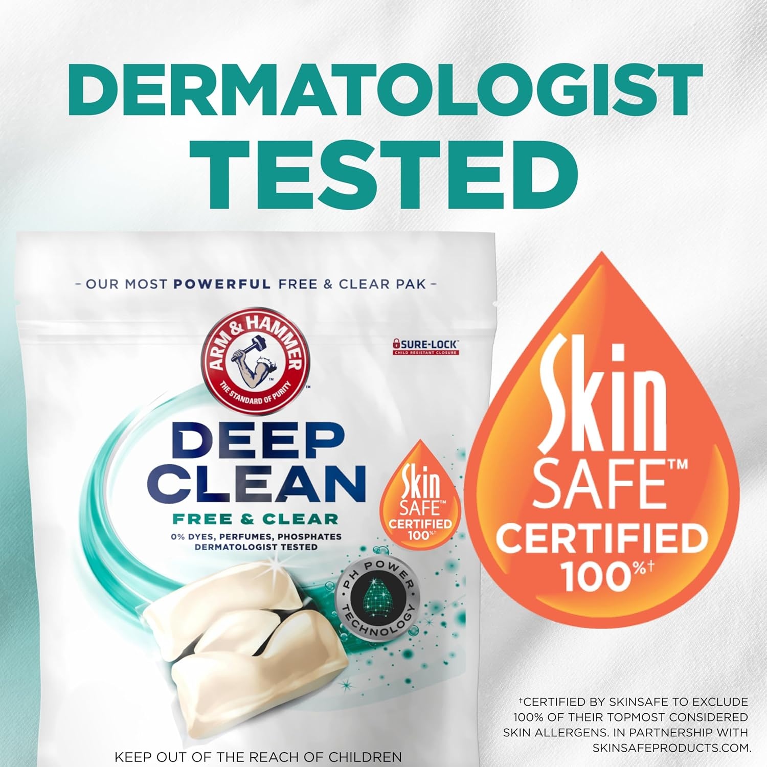 image:imageARM amp HAMMER Deep Clean Free amp Clear Laundry Detergent Power Paks Free of Dyes and Perfumes Dermatologist Tested 32 Count32 Count Pack of 1