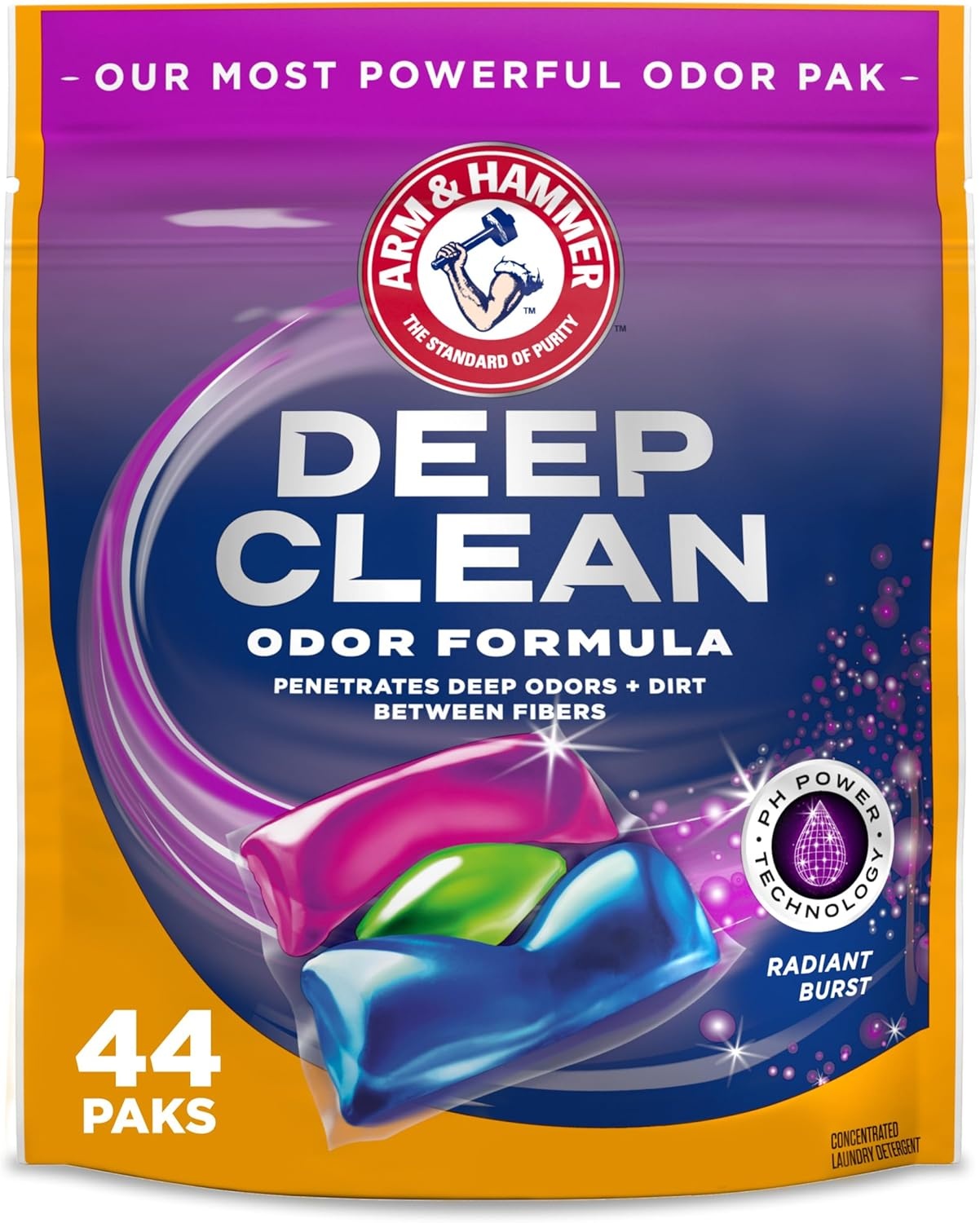 image:imageARM amp HAMMER Deep Clean Odor Formula Laundry Detergent Power Paks 21 ctRadiant Burst