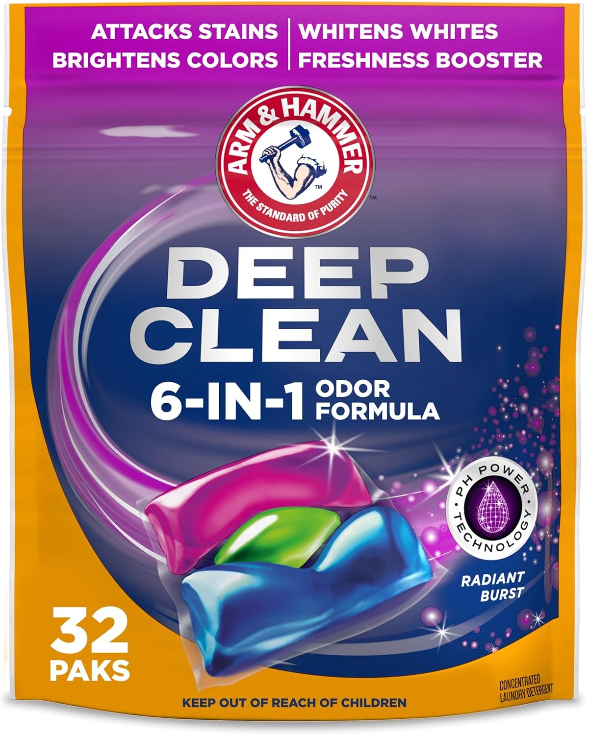 image:imageARM amp HAMMER Deep Clean Odor Formula Laundry Detergent Power Paks 21 ctRadiant Burst