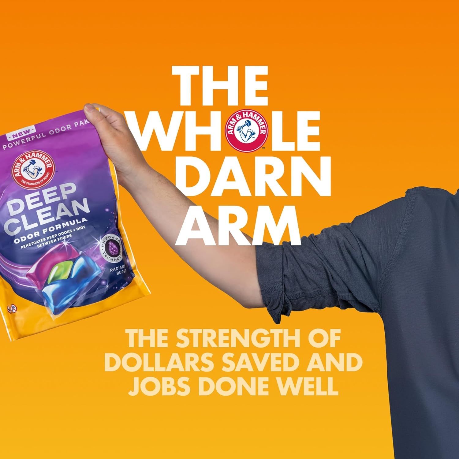 image:imageARM amp HAMMER Deep Clean Odor Formula Laundry Detergent Power Paks 21 ctRadiant Burst