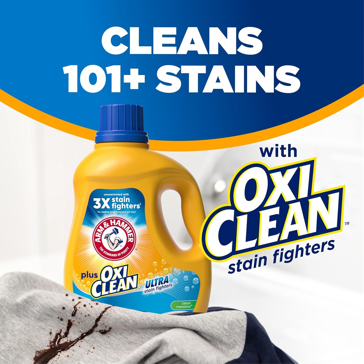 image:imageARM amp HAMMER Plus OxiClean Ultra Stain Fighters Liquid Laundry Detergent Stain Remover for Clothes Fresh Scent 74 Loads 962 Fl OzClean Meadow