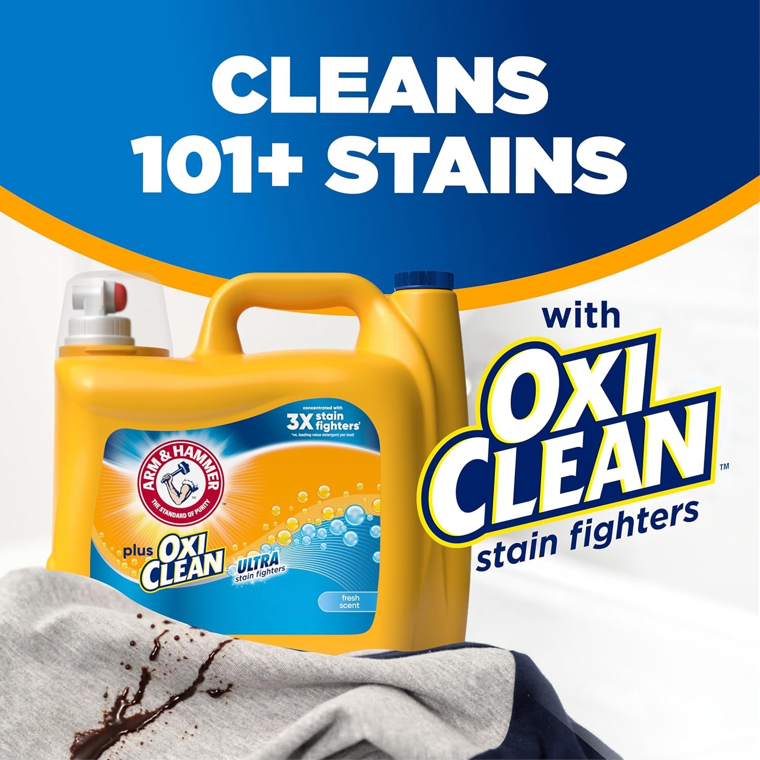 image:imageARM amp HAMMER Plus OxiClean Ultra Stain Fighters Liquid Laundry Detergent Stain Remover for Clothes Fresh Scent 74 Loads 962 Fl OzFresh Scent