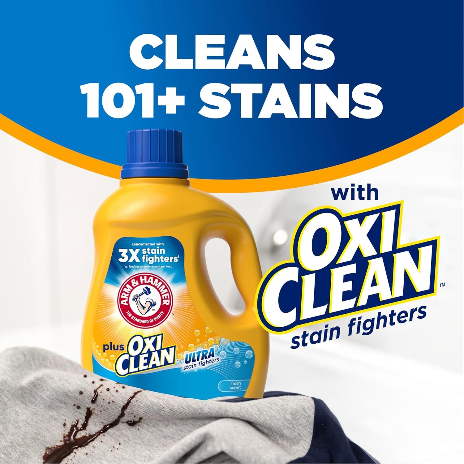 image:imageARM amp HAMMER Plus OxiClean Ultra Stain Fighters Liquid Laundry Detergent Stain Remover for Clothes Fresh Scent 74 Loads 962 Fl OzFresh Scent