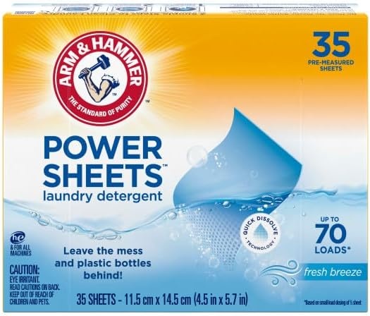 image:imageARM amp HAMMER Power Sheets Laundry Detergent Fresh Breeze Scent No Mess Lightweight and TravelFriendly 35 Count Up to 70 Small LoadsFresh Breeze
