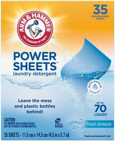 image:imageARM amp HAMMER Power Sheets Laundry Detergent Fresh Breeze Scent No Mess Lightweight and TravelFriendly 35 Count Up to 70 Small LoadsFresh Breeze