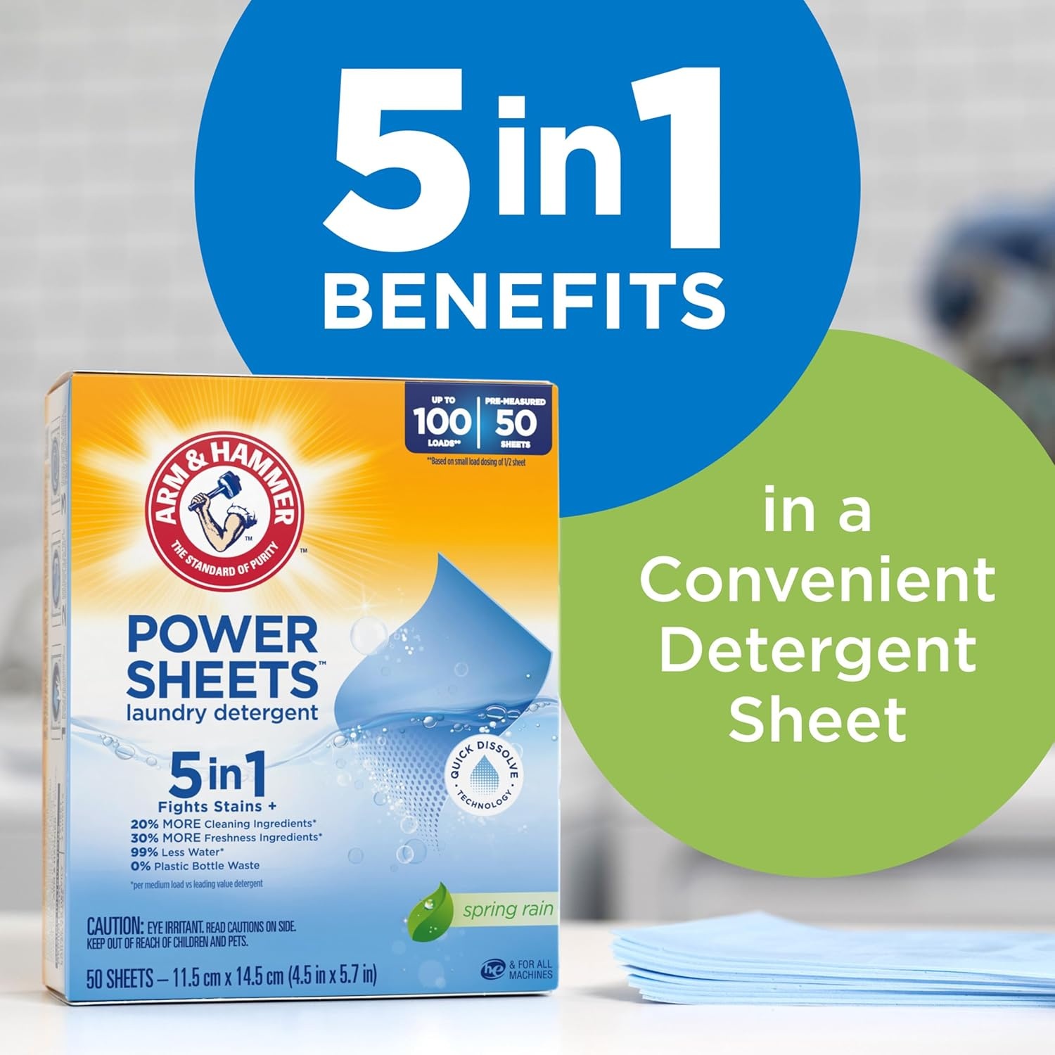 image:imageARM amp HAMMER Power Sheets Laundry Detergent Fresh Breeze Scent No Mess Lightweight and TravelFriendly 35 Count Up to 70 Small LoadsSpring Rain