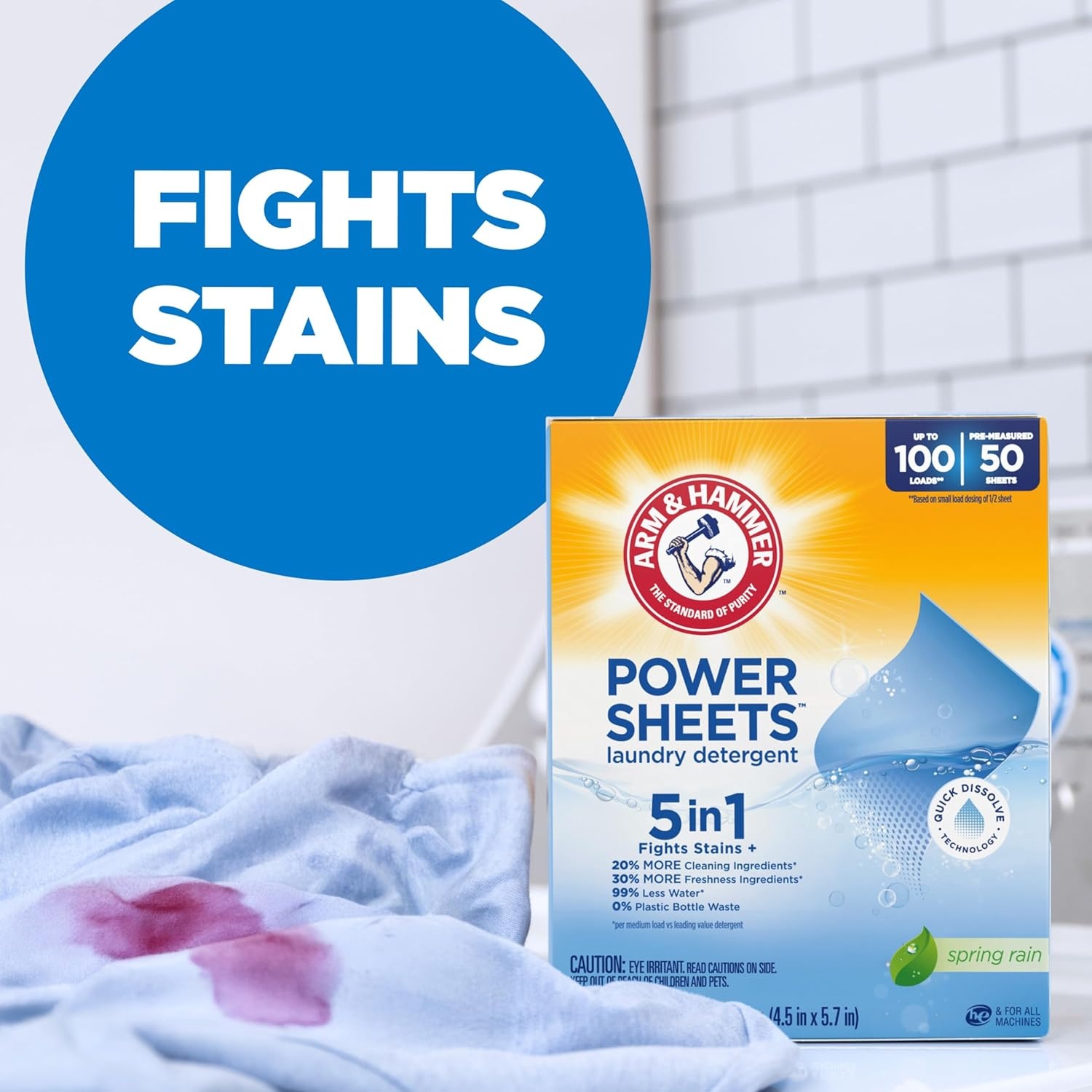 image:imageARM amp HAMMER Power Sheets Laundry Detergent Fresh Breeze Scent No Mess Lightweight and TravelFriendly 35 Count Up to 70 Small LoadsSpring Rain