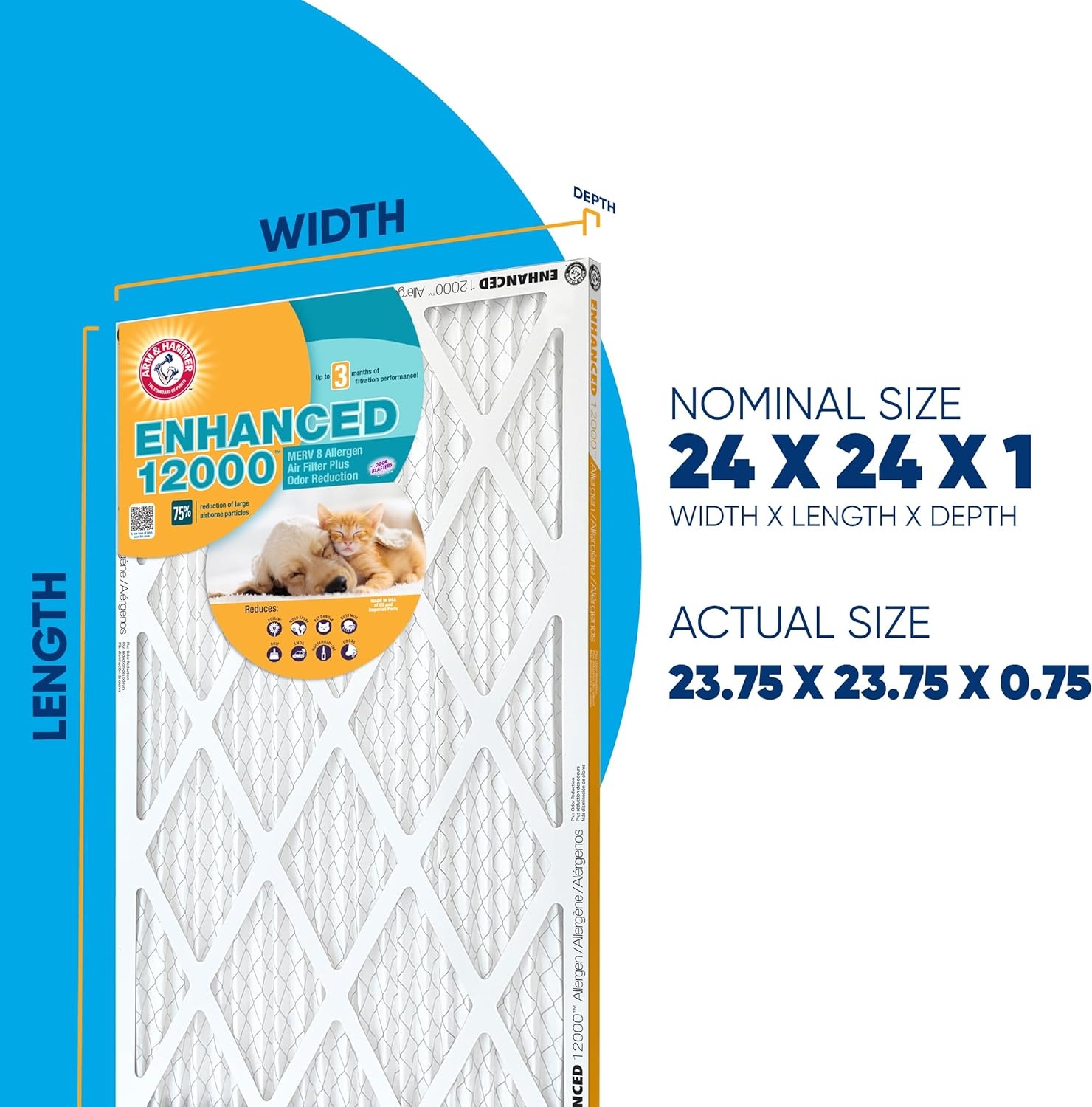 image:imageArm amp Hammer 20x30x1 Air Filter 4Pack Merv 8 Enhanced Allergen Pet Fresh Odor Reduction Contains Pure Baking Soda HVAC AC Furnace Made in USA Actual Size 1975 x 2975 x 07524x24x1