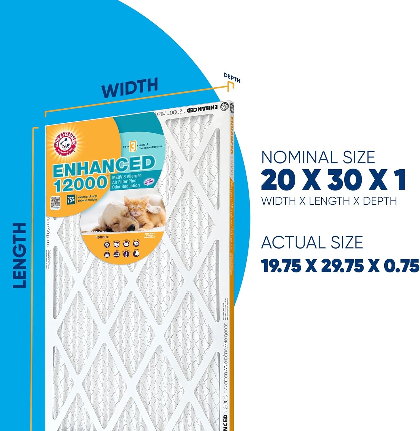 image:imageArm amp Hammer 20x30x1 Air Filter 4Pack Merv 8 Enhanced Allergen Pet Fresh Odor Reduction Contains Pure Baking Soda HVAC AC Furnace Made in USA Actual Size 1975 x 2975 x 07520x30x1