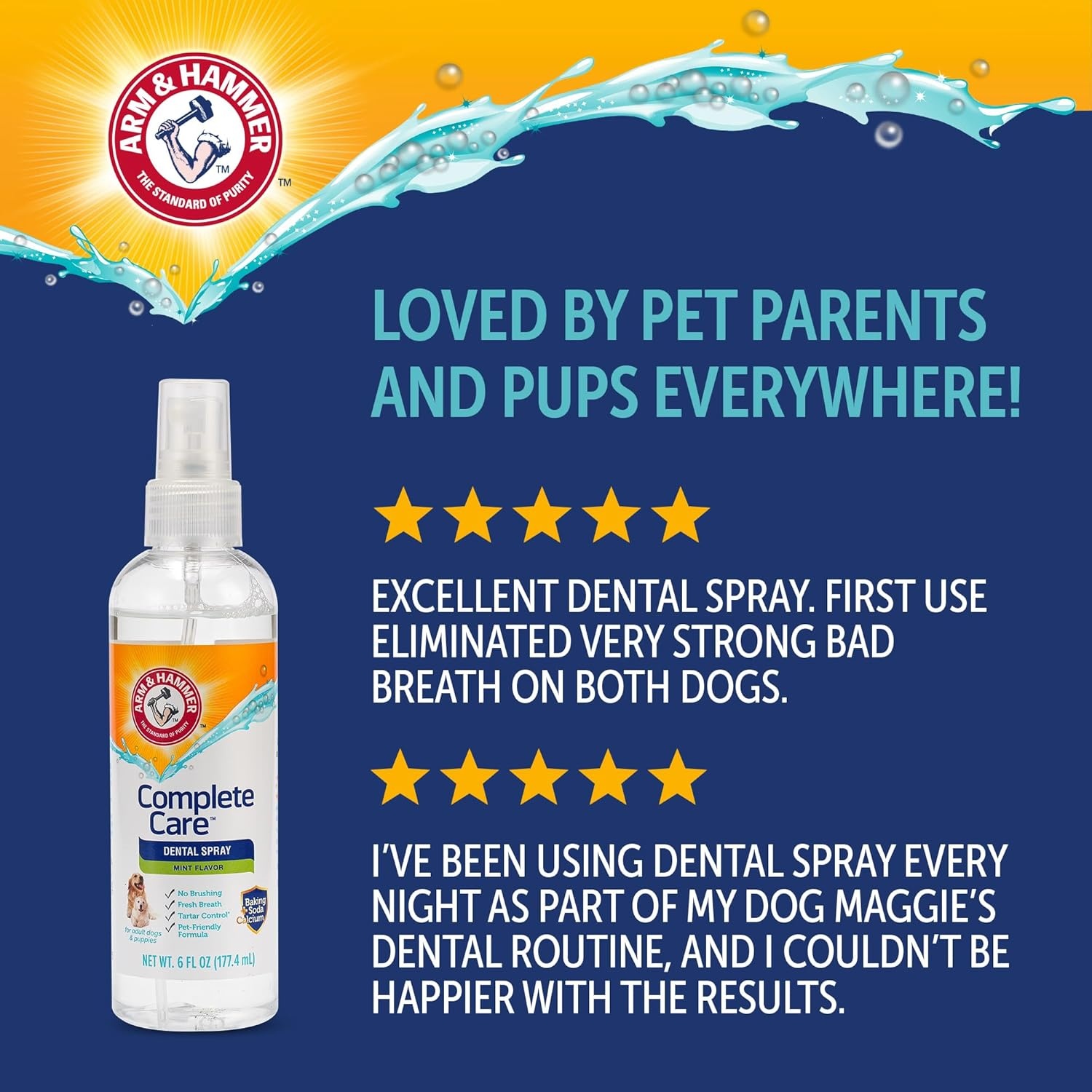 image:imageArm amp Hammer Complete Care Dog Dental Spray Mint Flavor Brushless Dog Breath Freshener with Baking Soda and Calcium for Tooth Enamel Support FluorideFree 6 Fl OzClear