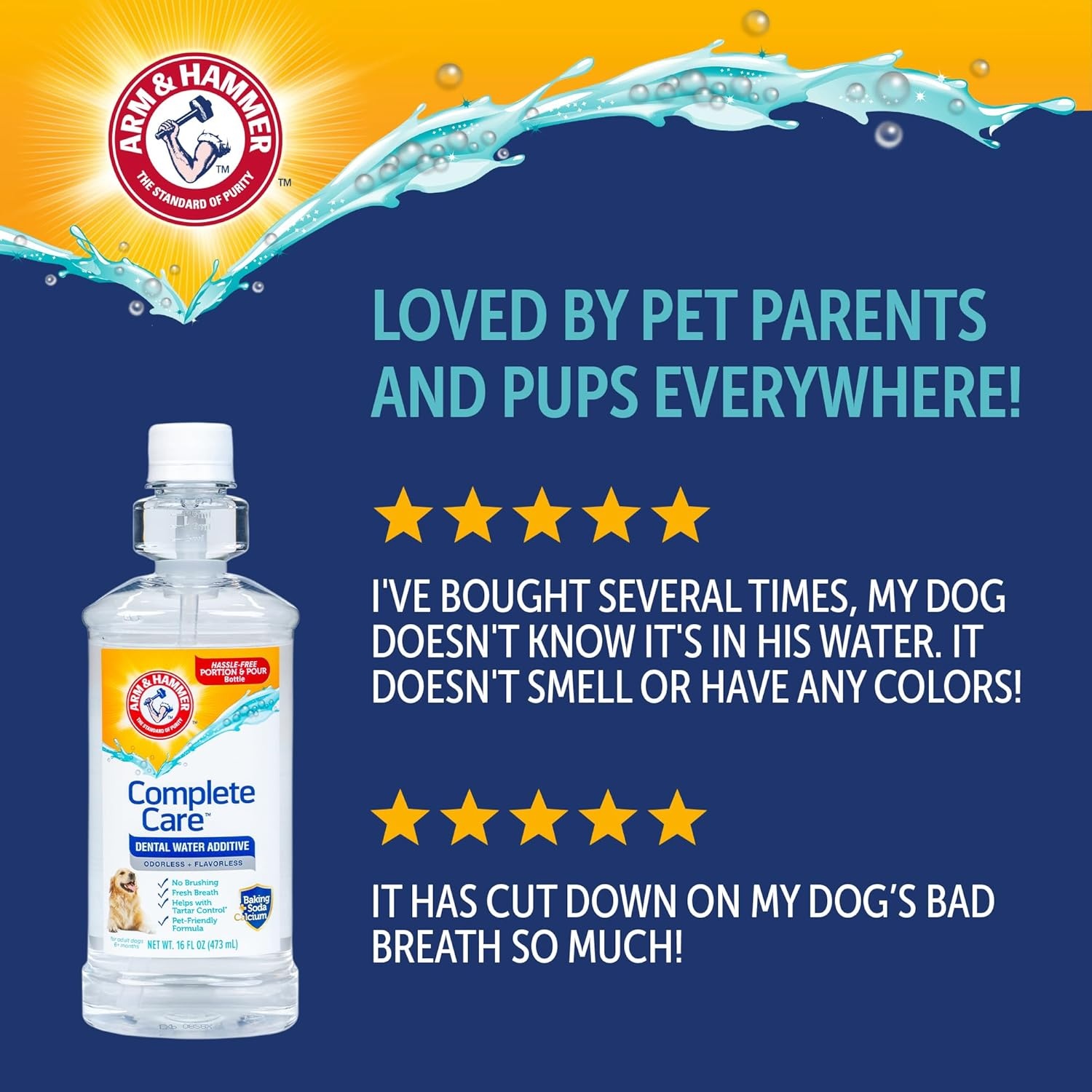 image:imageArm amp Hammer Complete Care Dog Dental Water Additive Odorless Flavorless Daily Oral Care Solution with Baking Soda and Calcium for Plaque Tartar and Fresh Breath 16 Fl OzDental Rinse w Self Measure