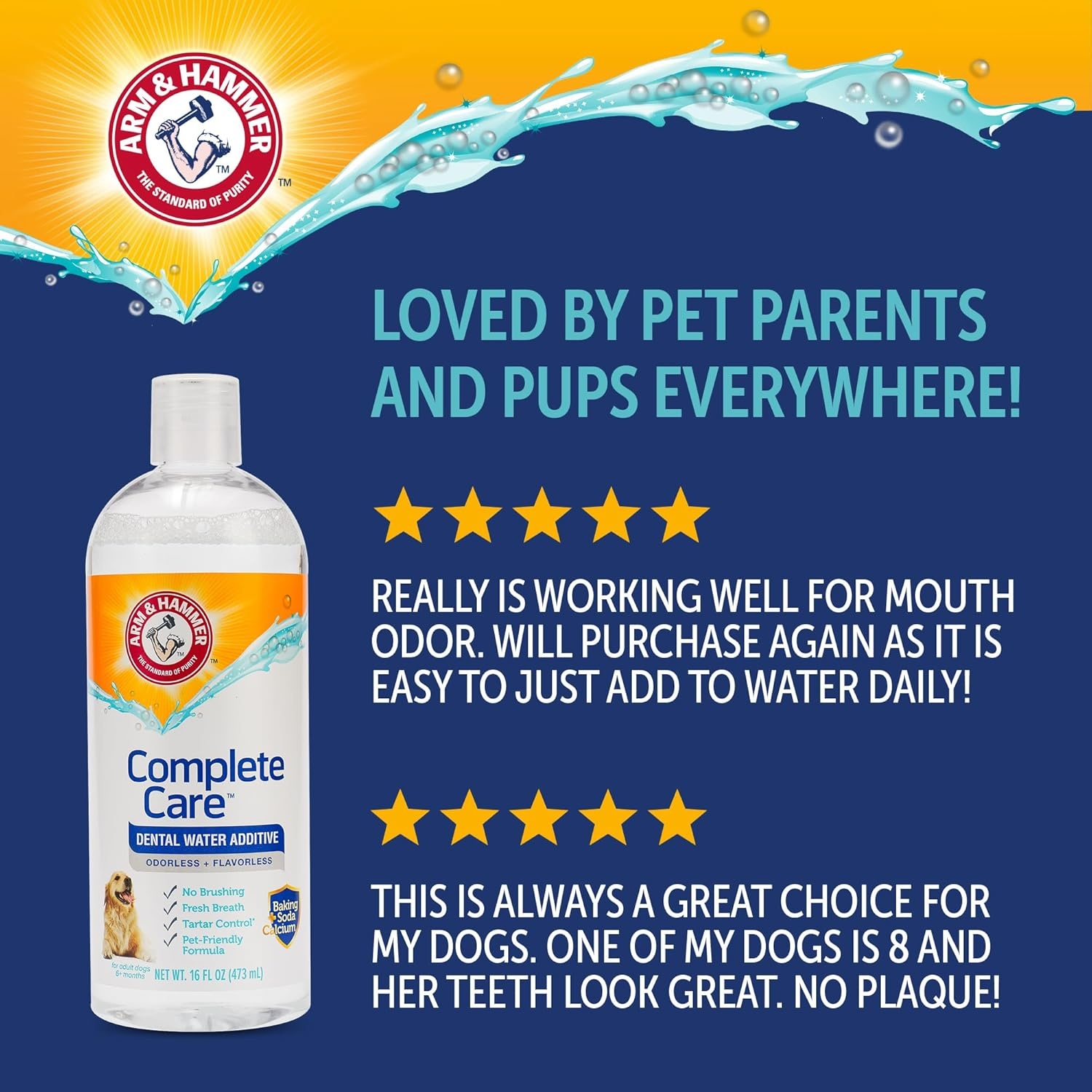 image:imageArm amp Hammer Complete Care Dog Dental Water Additive Odorless Flavorless Daily Oral Care Solution with Baking Soda and Calcium for Plaque Tartar and Fresh Breath 16 Fl OzDental Rinse