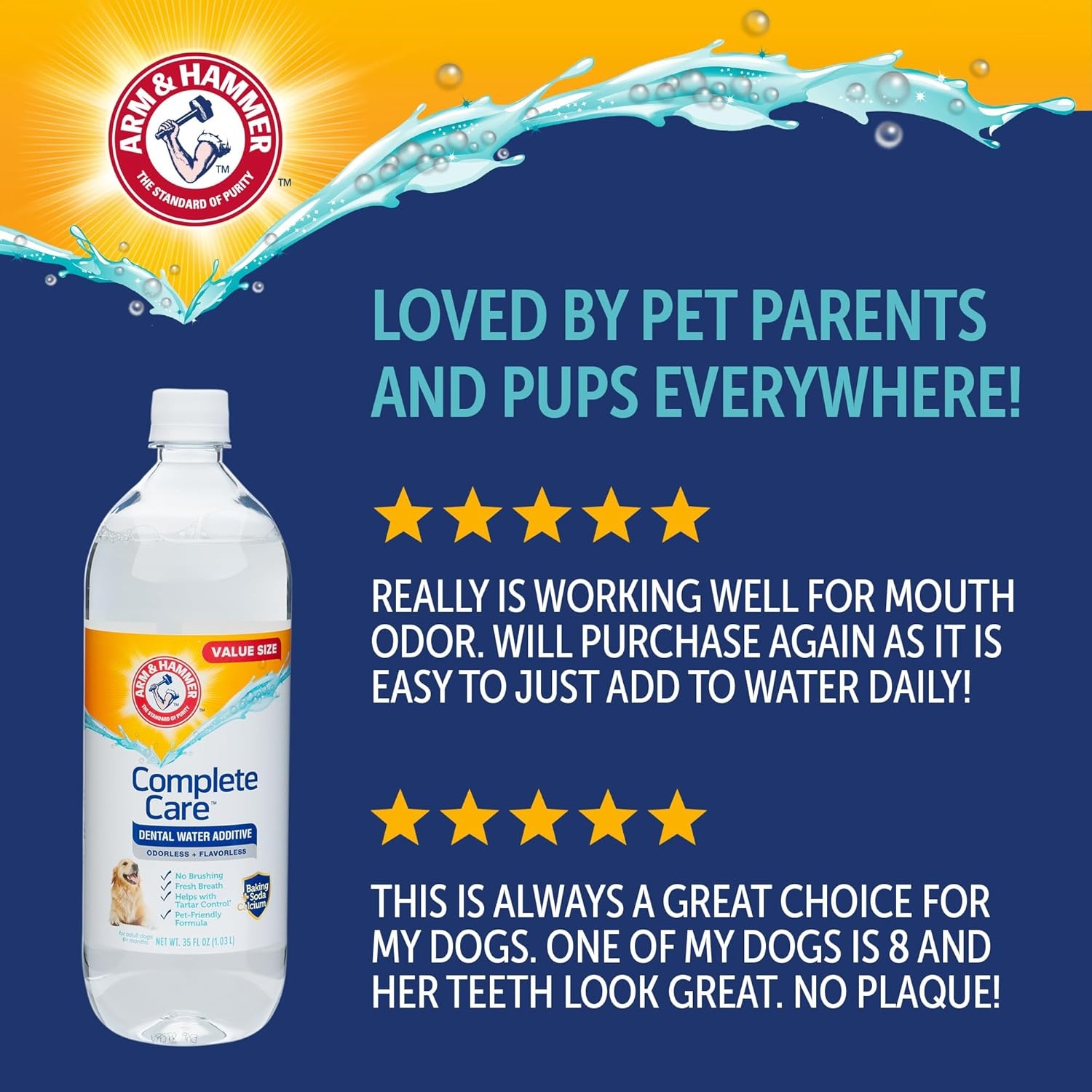 image:imageArm amp Hammer Complete Care Dog Dental Water Additive Odorless Flavorless Daily Oral Care Solution with Baking Soda and Calcium for Plaque Tartar and Fresh Breath 16 Fl OzDental Rinse
