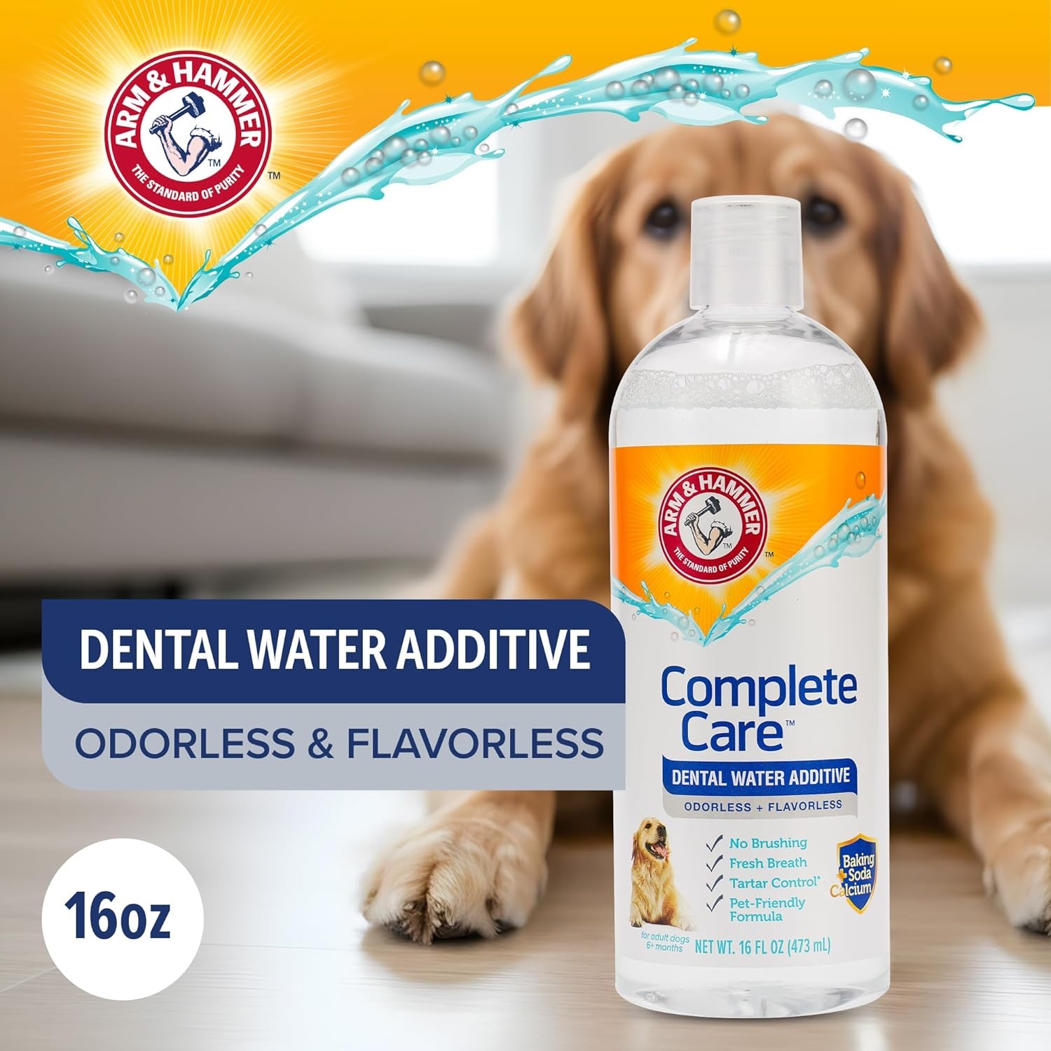 image:imageArm amp Hammer Complete Care Dog Dental Water Additive Odorless Flavorless Daily Oral Care Solution with Baking Soda and Calcium for Plaque Tartar and Fresh Breath 16 Fl OzDental Rinse