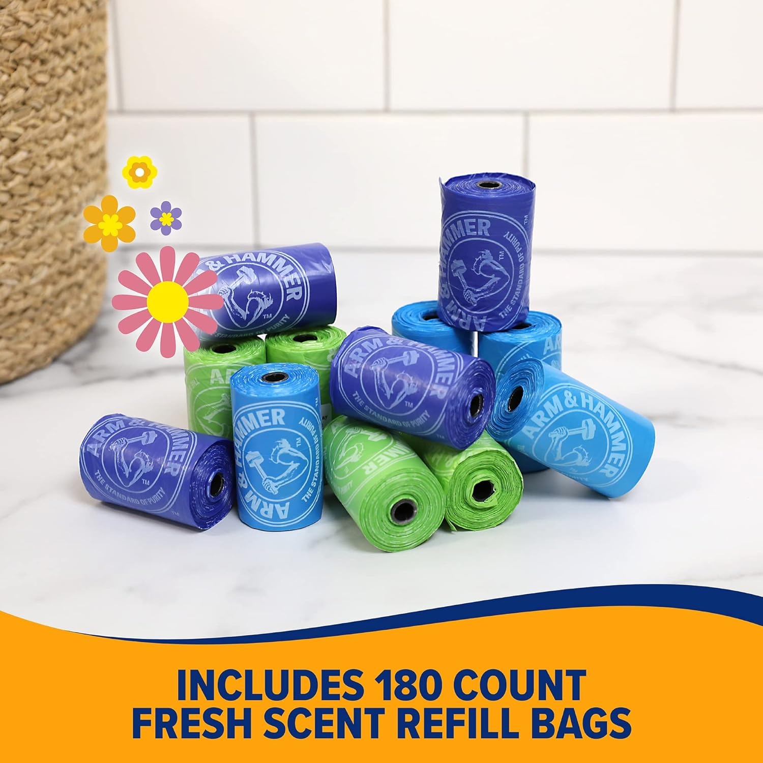 image:imageArm amp Hammer Durable Disposable Dog And Cat Waste Bags With Activated Baking Soda 180 Dog Poop Bags 9 x 14 Inches BlueAssorted
