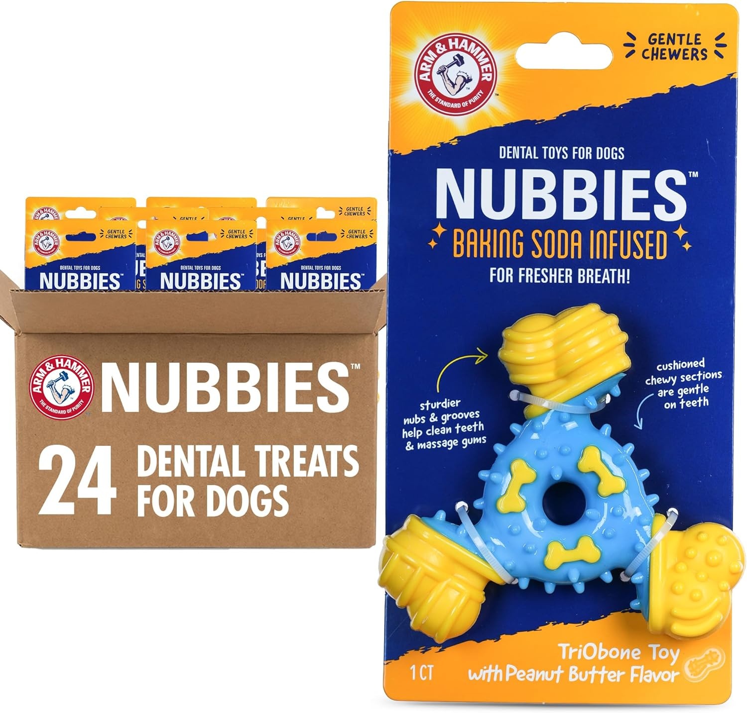 image:imageArm amp Hammer Nubbies Duality Bone Dog Dental Chew Toy Green Apple Flavor Baking Soda Infused Nubby Grooves Reduce Plaque and Tartar No Stuffing for Moderate ChewersBlue Yellow