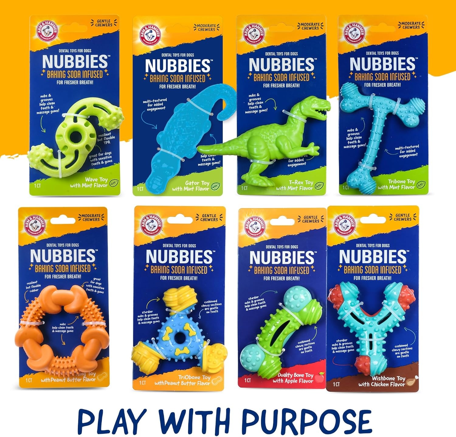 image:imageArm amp Hammer Nubbies Duality Bone Dog Dental Chew Toy Green Apple Flavor Baking Soda Infused Nubby Grooves Reduce Plaque and Tartar No Stuffing for Moderate ChewersBlue Yellow