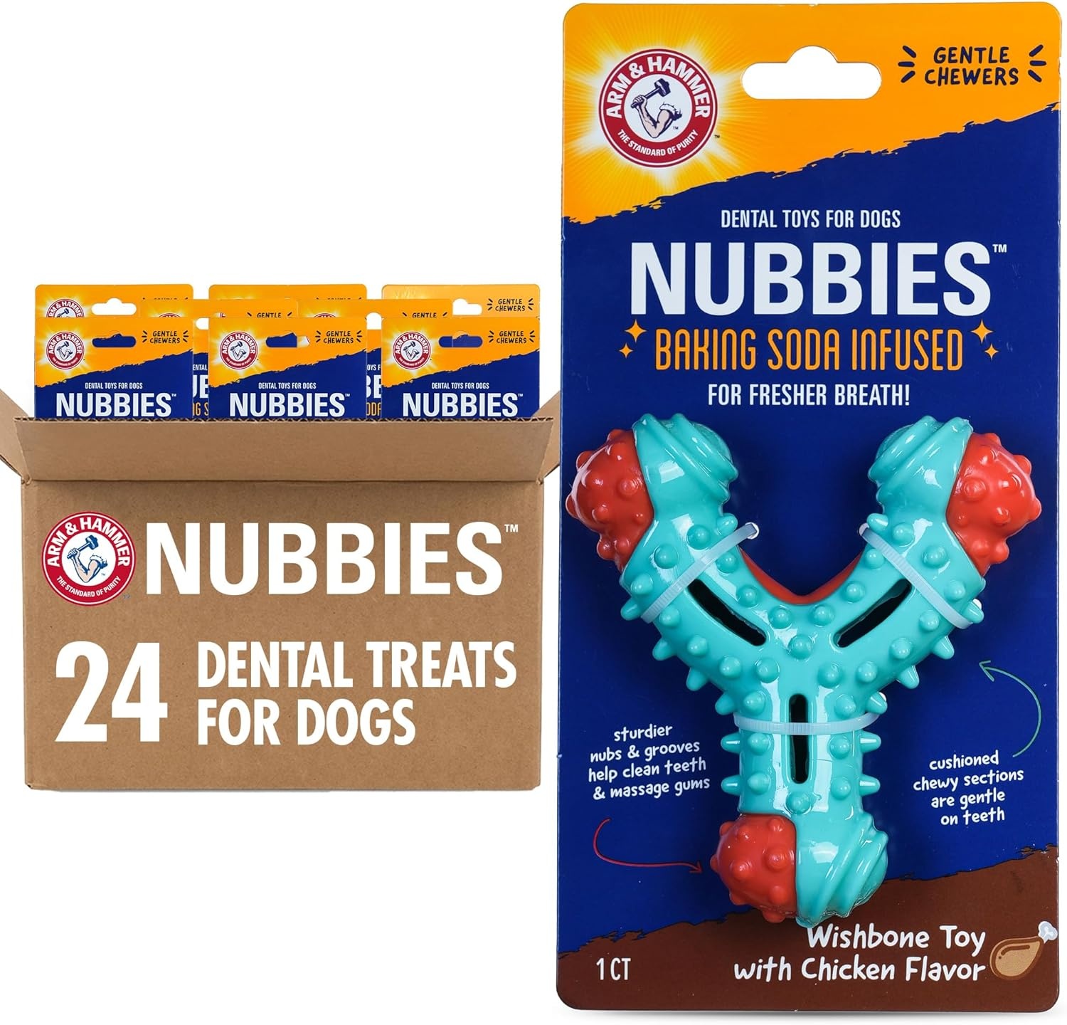 image:imageArm amp Hammer Nubbies Duality Bone Dog Dental Chew Toy Green Apple Flavor Baking Soda Infused Nubby Grooves Reduce Plaque and Tartar No Stuffing for Moderate ChewersBlue Red