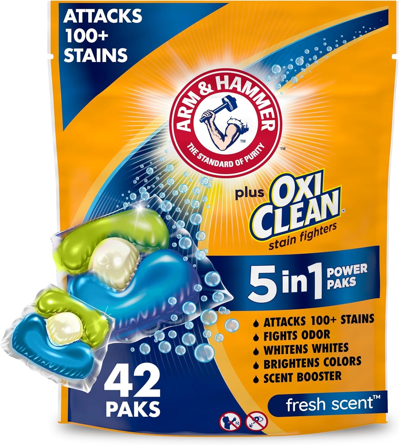 image:imageArm amp Hammer Plus OxiClean 5in1 Laundry Detergent Power Paks 42 Count Packaging may varyFresh Scent