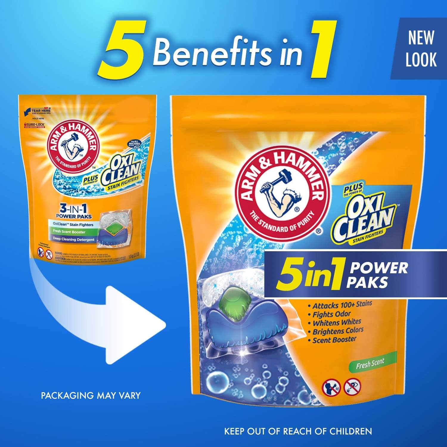 image:imageArm amp Hammer Plus OxiClean 5in1 Laundry Detergent Power Paks 42 Count Packaging may varyFresh Scent
