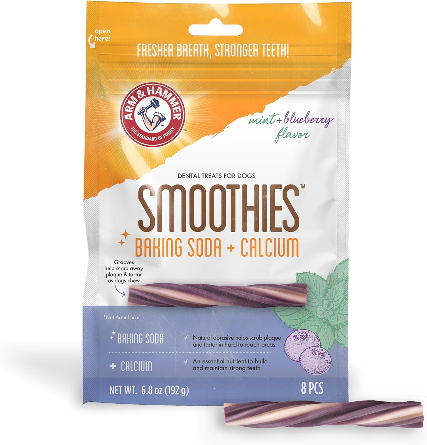 image:imageArm amp Hammer Smoothies Dental Chews for Dogs with Baking Soda amp Calcium Fight Bad Breath Plaque amp Tartar without Brushing Mint Flavor Medium Size 57 Count 33 lb BucketMint Blueberry