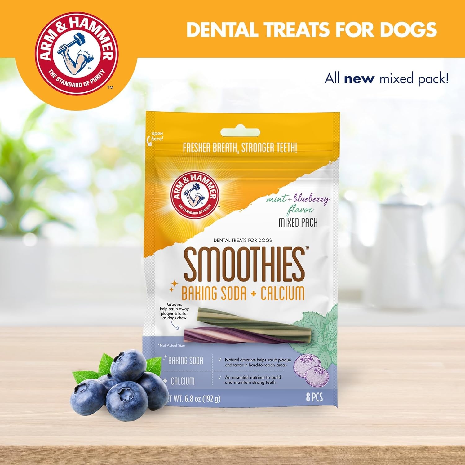 image:imageArm amp Hammer Smoothies Dental Chews for Dogs with Baking Soda amp Calcium Fight Bad Breath Plaque amp Tartar without Brushing Mint Flavor Medium Size 57 Count 33 lb BucketMint Blueberry