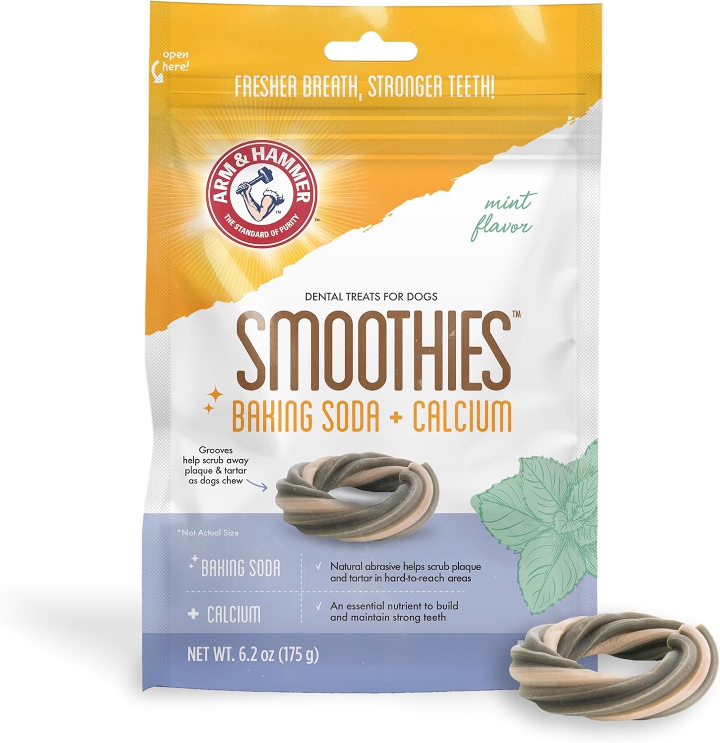 image:imageArm amp Hammer Smoothies Dental Chews for Dogs with Baking Soda amp Calcium Fight Bad Breath Plaque amp Tartar without Brushing Mint Flavor Ring Shaped 32 Count 24 lb BucketMint