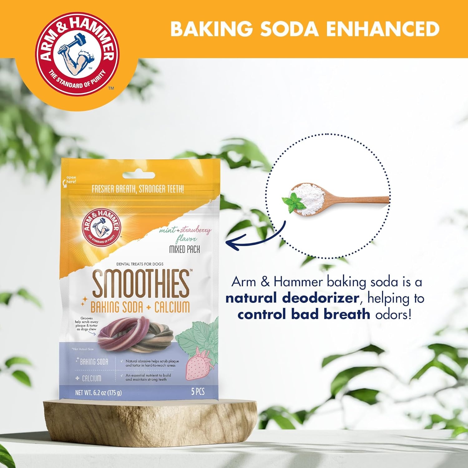 image:imageArm amp Hammer Smoothies Dental Chews for Dogs with Baking Soda amp Calcium Fight Bad Breath Plaque amp Tartar without Brushing Mint Flavor Ring Shaped 32 Count 24 lb BucketMint Strawberry Mixed