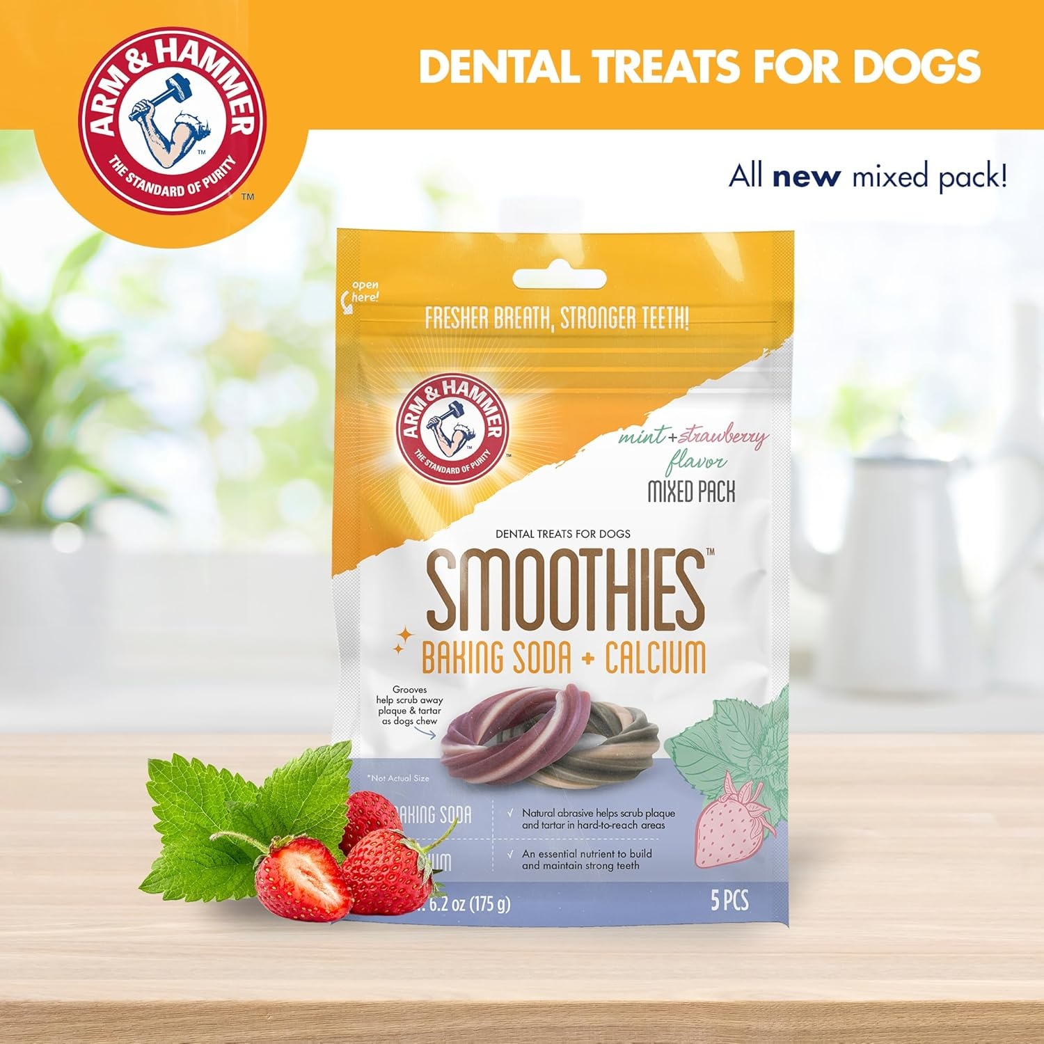 image:imageArm amp Hammer Smoothies Dental Chews for Dogs with Baking Soda amp Calcium Fight Bad Breath Plaque amp Tartar without Brushing Mint Flavor Ring Shaped 32 Count 24 lb BucketMint Strawberry Mixed