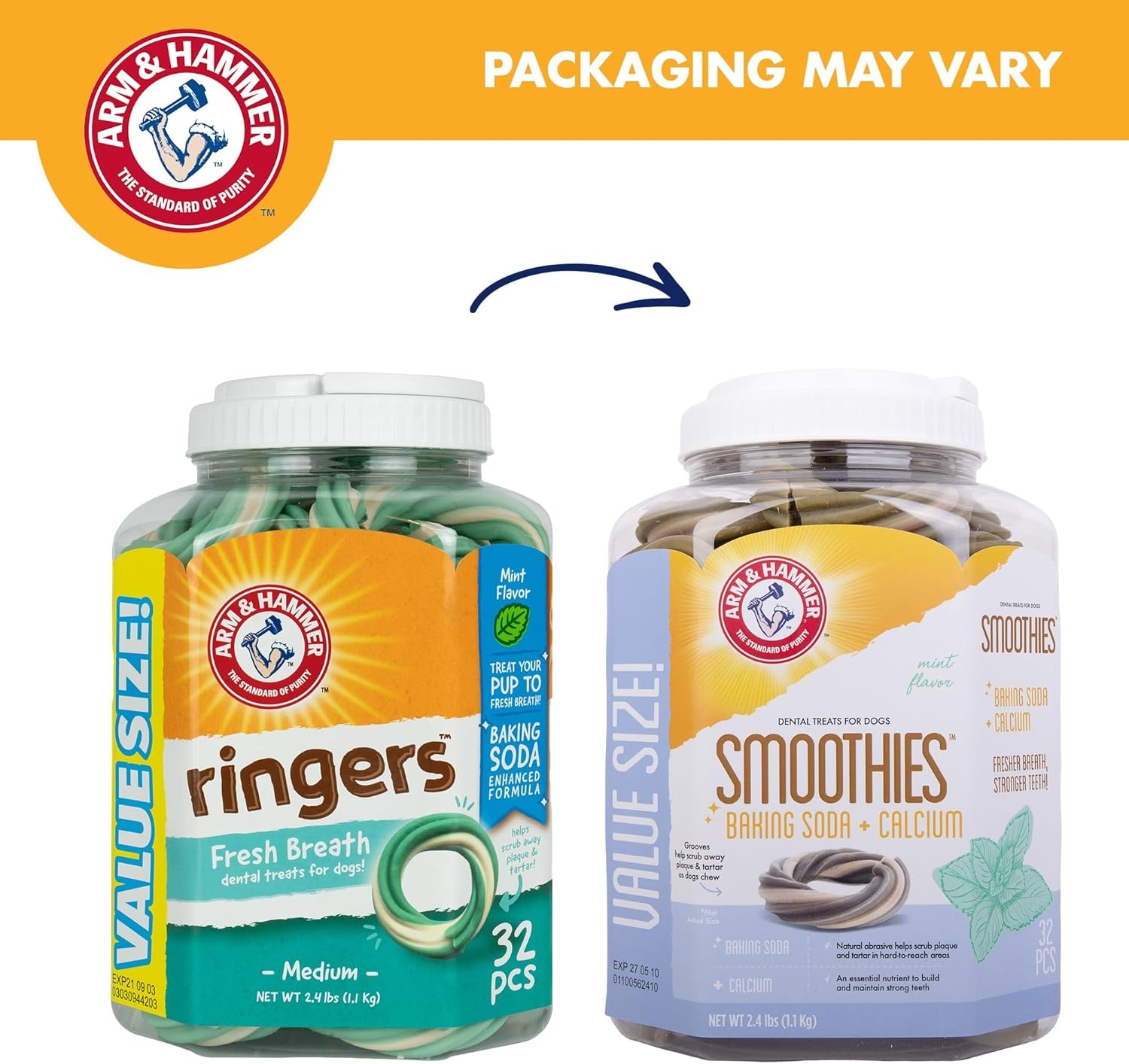 image:imageArm amp Hammer Smoothies Dental Chews for Dogs with Baking Soda amp Calcium Fight Bad Breath Plaque amp Tartar without Brushing Mint Flavor Ring Shaped 32 Count 24 lb BucketMint