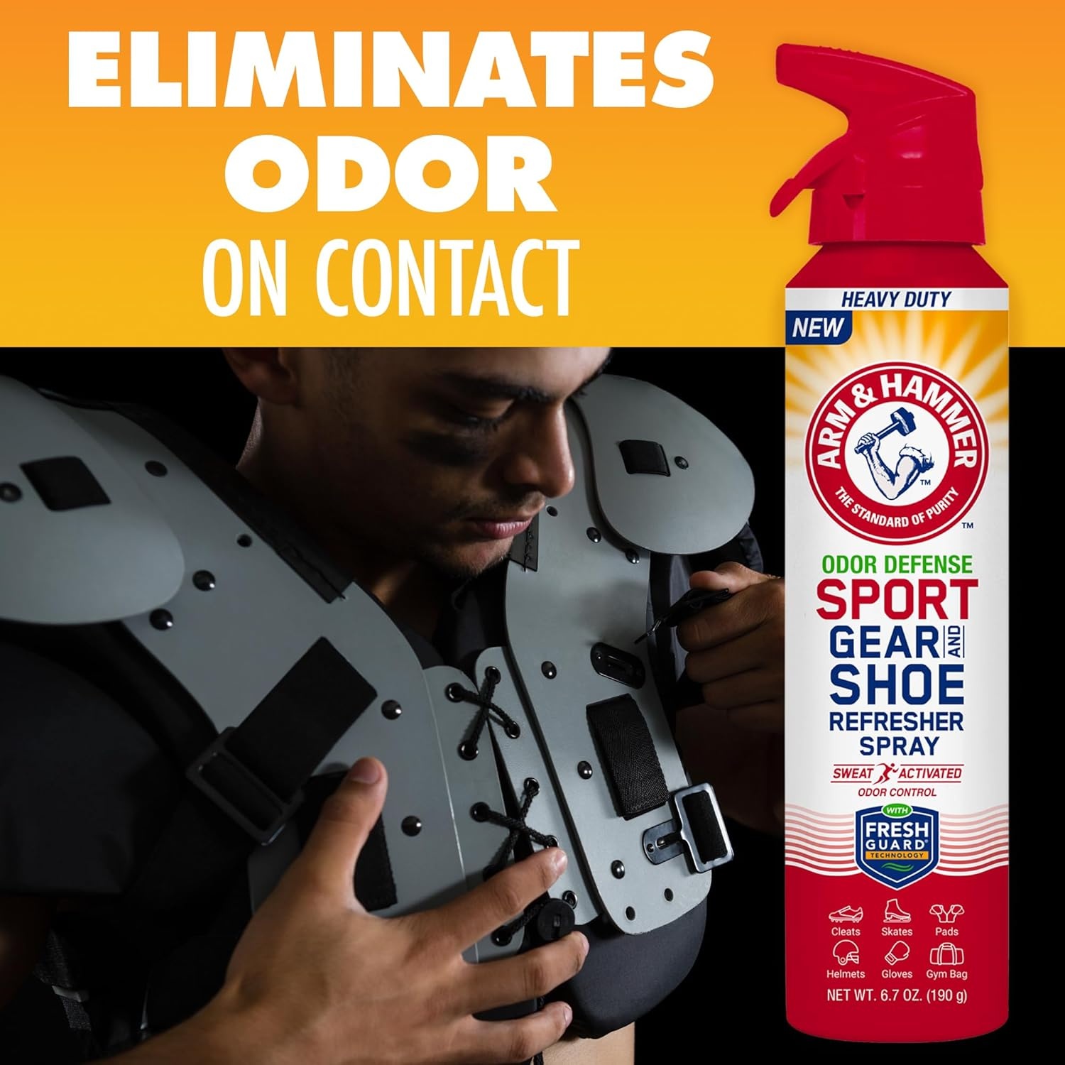 image:imageArm amp Hammer Sport Gear amp Shoe Refresher Spray Heavy Duty Odor Defense for Sports Gear and Footwear Deodorizer for Gym Bags Boxing Gloves Hockey Equipment and Football Pads 67 oz67 Ounce Pack of 1