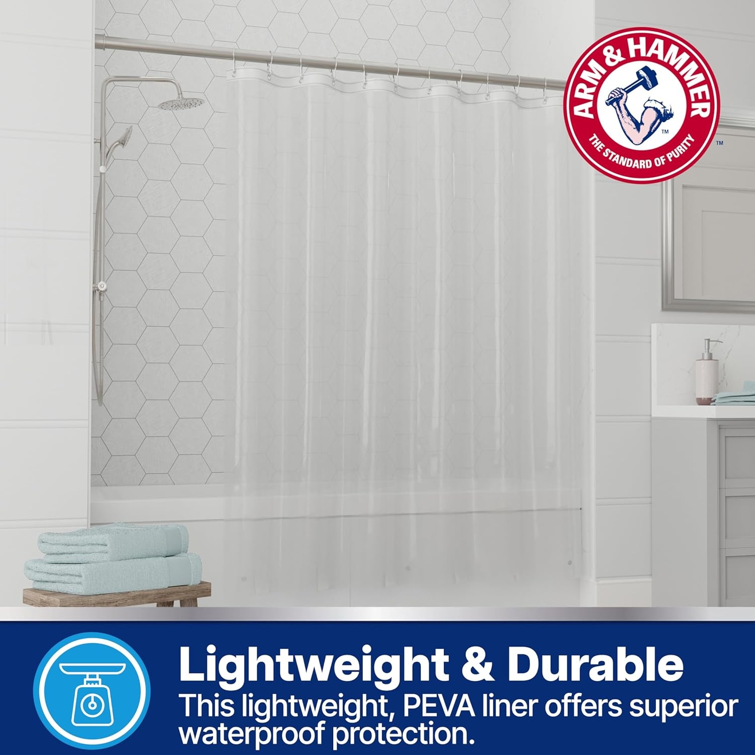 image:imageArm amp Hammer Waterproof Quick Drying Shower Liner Lightweight Design 70 x 72 ClearClear