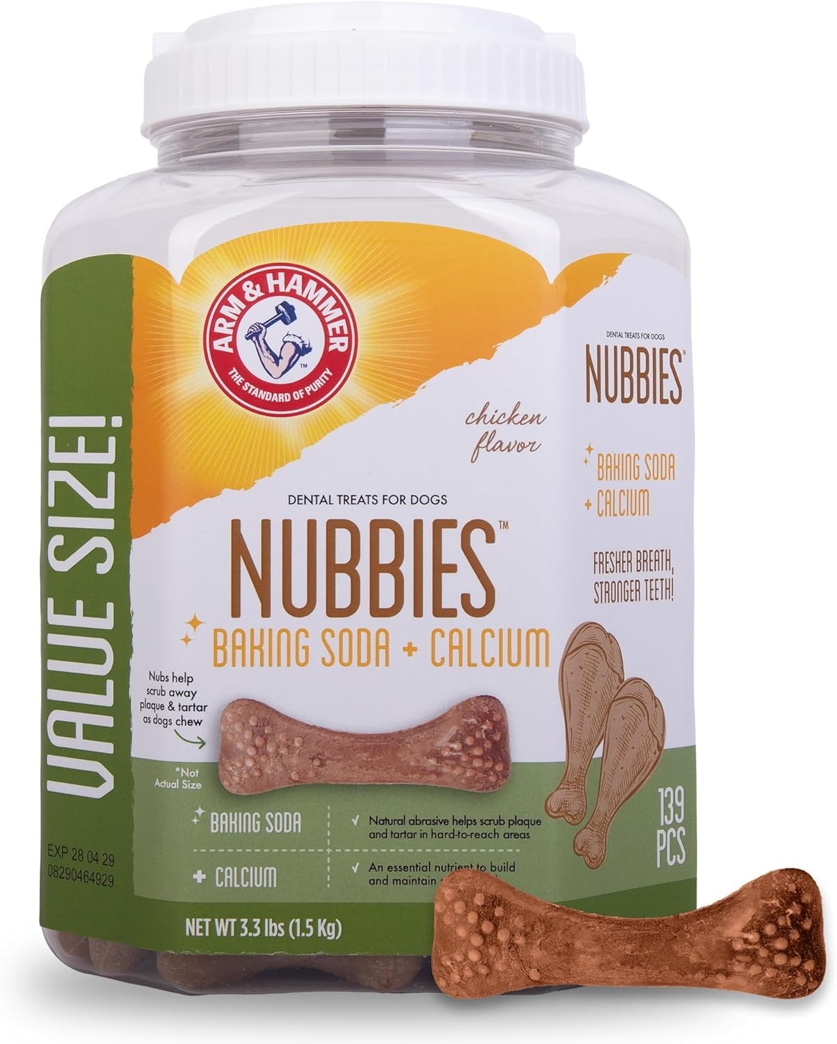 image:imageArm amp Hammer for Pets Nubbies Dental Treats Value Size Baking Soda amp Calcium Dog Dental Chews Helps Scrub Plaque amp Tartar While Chewing Peanut Butter Flavor 139 Count 528 Oz 6 PackChicken