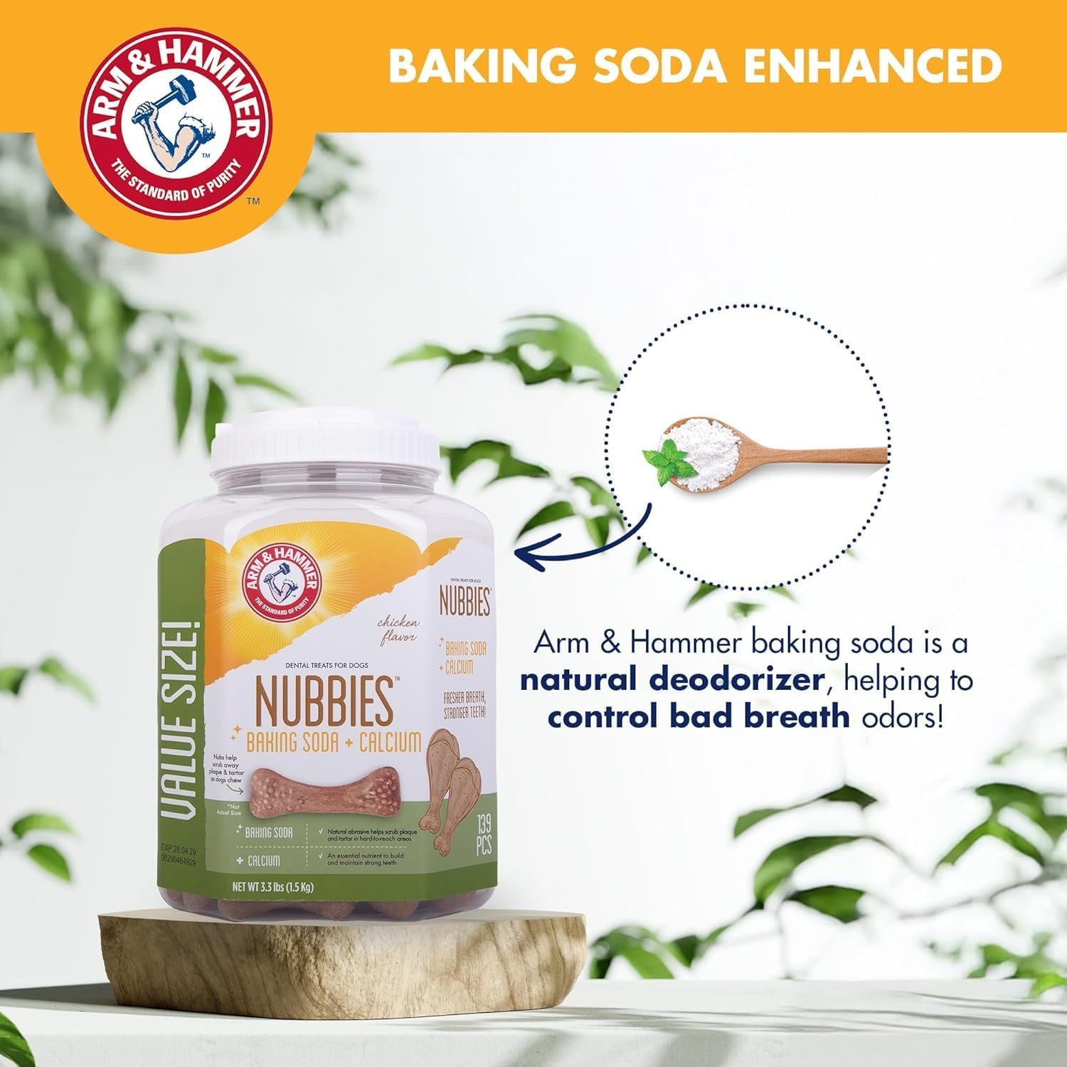 image:imageArm amp Hammer for Pets Nubbies Dental Treats Value Size Baking Soda amp Calcium Dog Dental Chews Helps Scrub Plaque amp Tartar While Chewing Peanut Butter Flavor 139 Count 528 Oz 6 PackChicken