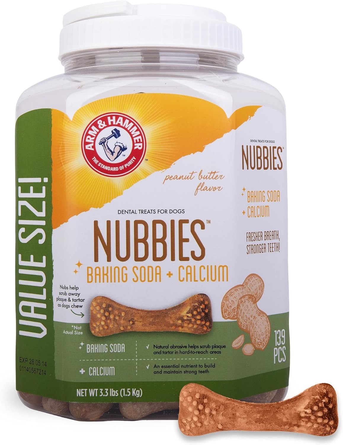 image:imageArm amp Hammer for Pets Nubbies Dental Treats Value Size Baking Soda amp Calcium Dog Dental Chews Helps Scrub Plaque amp Tartar While Chewing Peanut Butter Flavor 139 Count 528 Oz 6 PackPeanut Butter