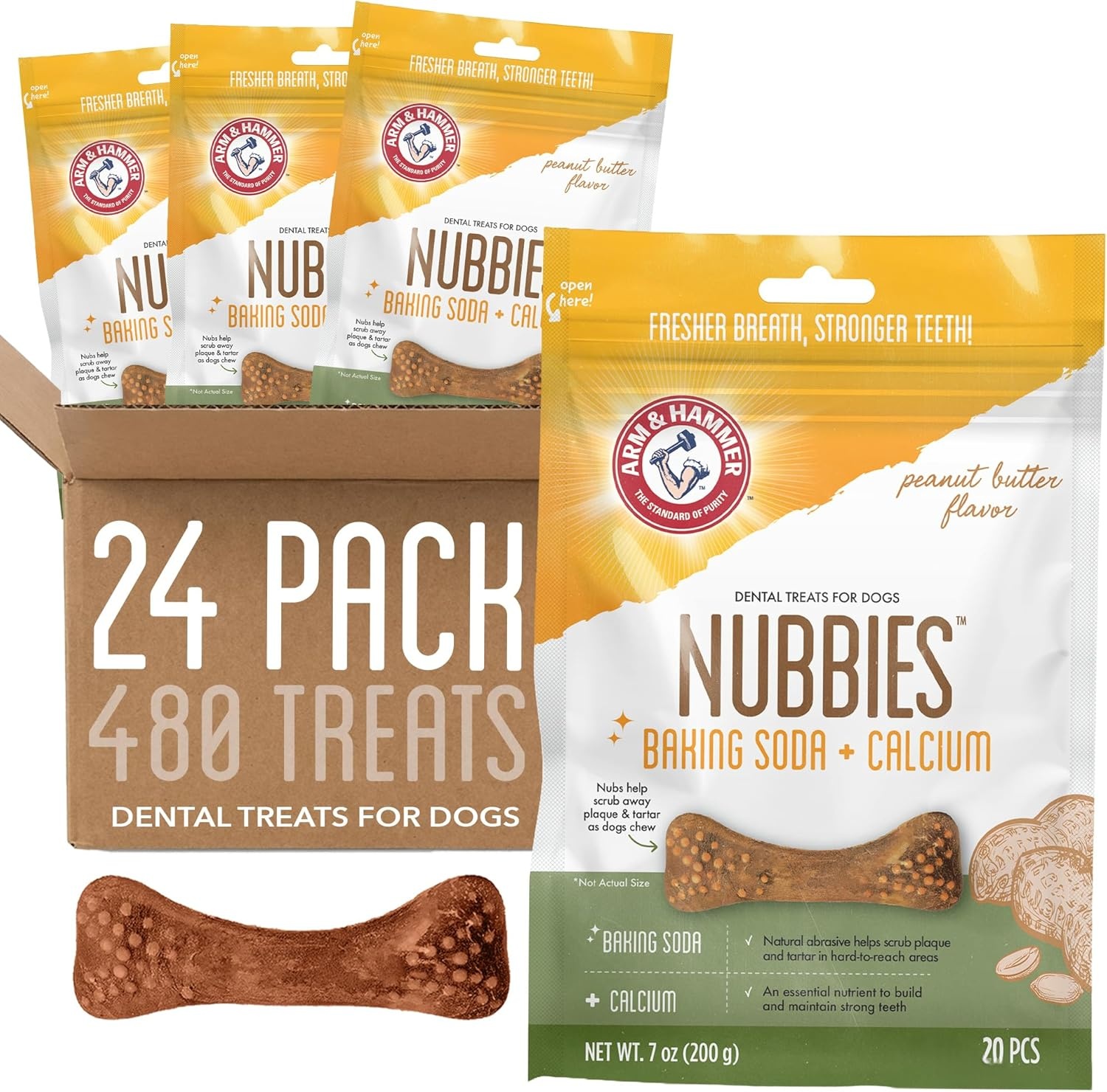 image:imageArm amp Hammer for Pets Nubbies Dental Treats Value Size Baking Soda amp Calcium Dog Dental Chews Helps Scrub Plaque amp Tartar While Chewing Peanut Butter Flavor 139 Count 528 Oz 6 PackPeanut Butter