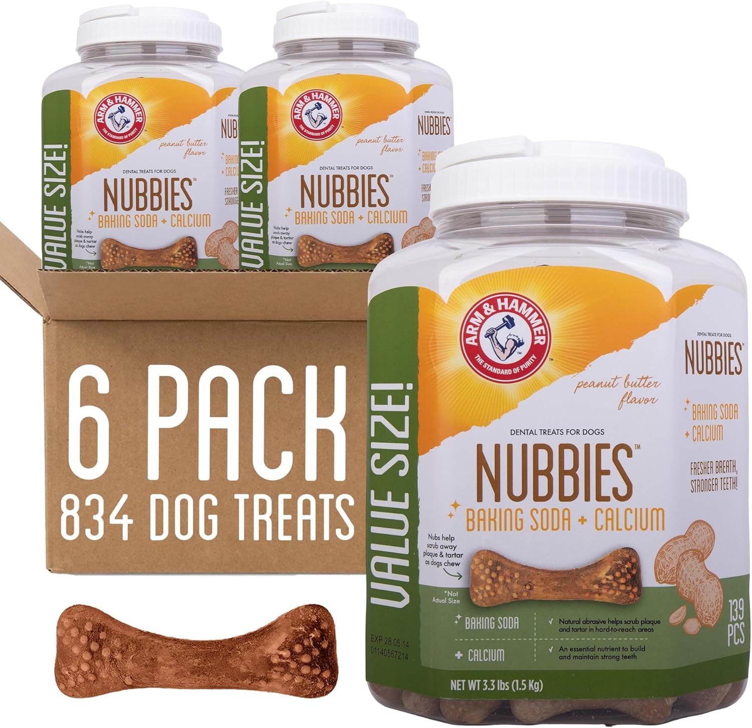 image:imageArm amp Hammer for Pets Nubbies Dental Treats Value Size Baking Soda amp Calcium Dog Dental Chews Helps Scrub Plaque amp Tartar While Chewing Peanut Butter Flavor 139 Count 528 Oz 6 PackPeanut Butter