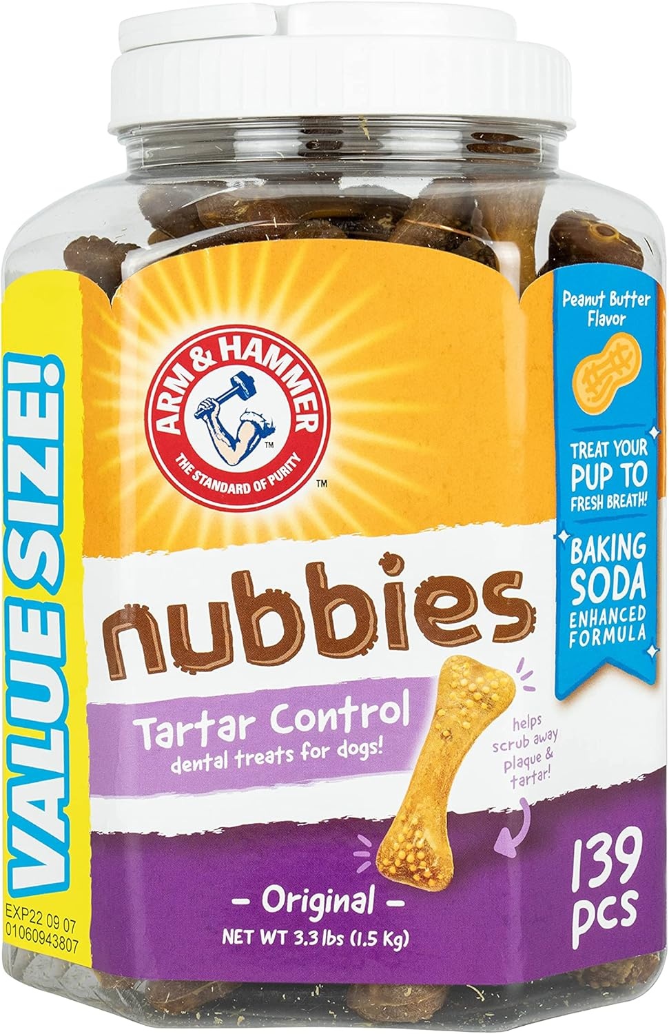 image:imageArm amp Hammer for Pets Nubbies Dental Treats Value Size Baking Soda amp Calcium Dog Dental Chews Helps Scrub Plaque amp Tartar While Chewing Peanut Butter Flavor 139 Count 528 Oz 6 PackPeanut Butter