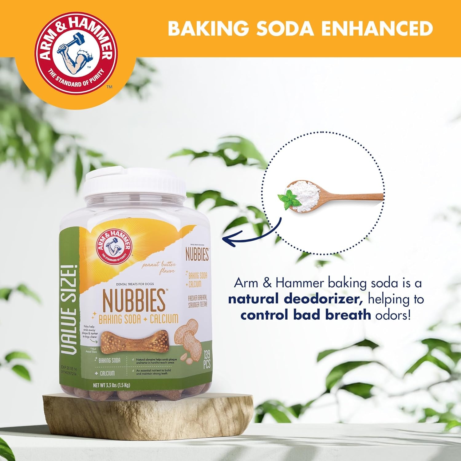 image:imageArm amp Hammer for Pets Nubbies Dental Treats Value Size Baking Soda amp Calcium Dog Dental Chews Helps Scrub Plaque amp Tartar While Chewing Peanut Butter Flavor 139 Count 528 Oz 6 PackPeanut Butter