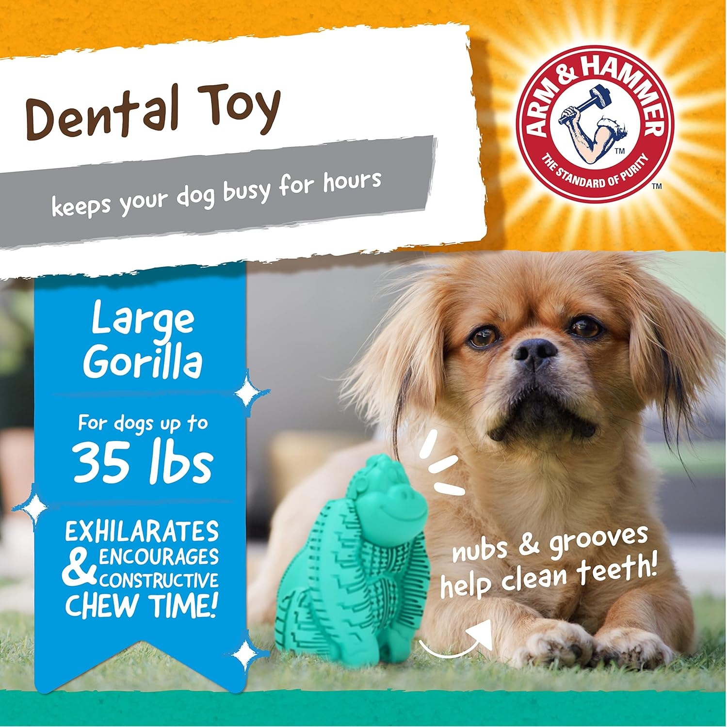 image:imageArm and Hammer for Pets Super Treadz Gator Dental Chew Toy for Dogs Reduces Plaque and Tartar Without Brushing Baking Soda Infused Dishwasher Safe Dogs Up to 35 LbsGorilla
