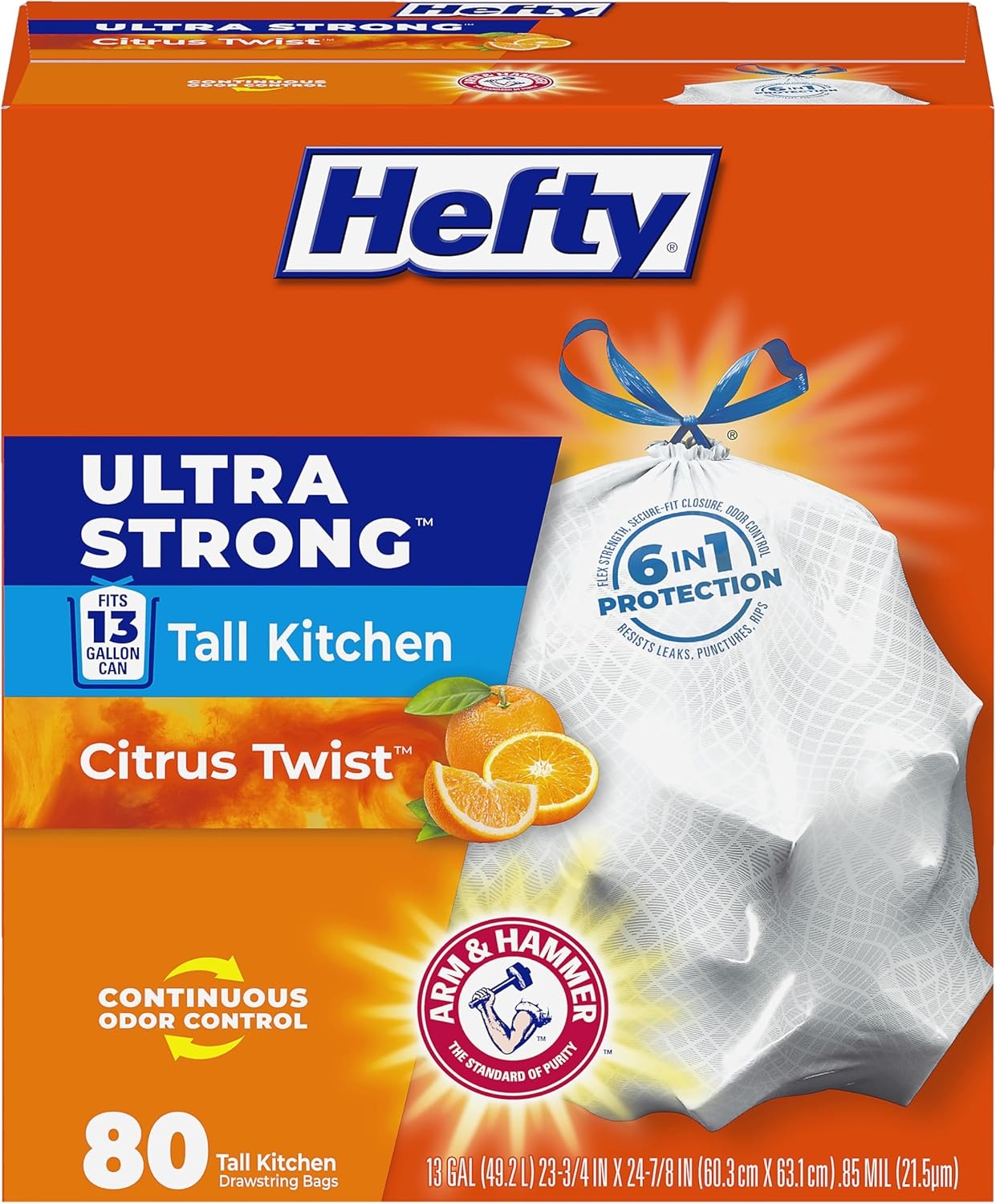 image:imageHefty Ultra Strong 13 Gallon Trash Bags Tall Kitchen Trash Bags 13 Gallon Size Drawstring Closure Continuous Odor Control White Citrus Twist Scent 80 BagsCitrus Twist