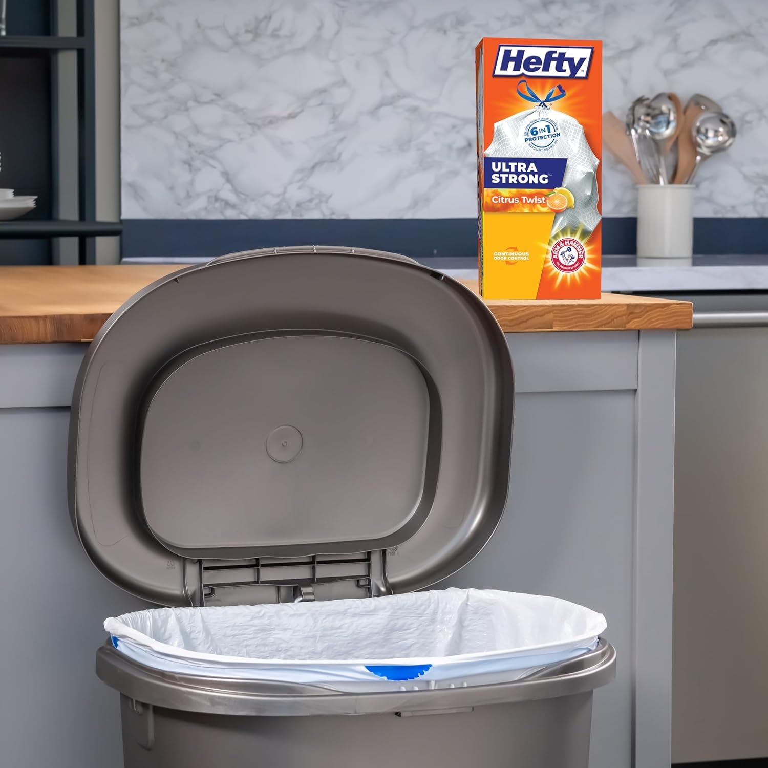image:imageHefty Ultra Strong 13 Gallon Trash Bags Tall Kitchen Trash Bags 13 Gallon Size Drawstring Closure Continuous Odor Control White Citrus Twist Scent 80 BagsCitrus Twist