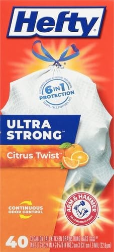 image:imageHefty Ultra Strong 13 Gallon Trash Bags Tall Kitchen Trash Bags 13 Gallon Size Drawstring Closure Continuous Odor Control White Citrus Twist Scent 80 BagsCitrus Twist