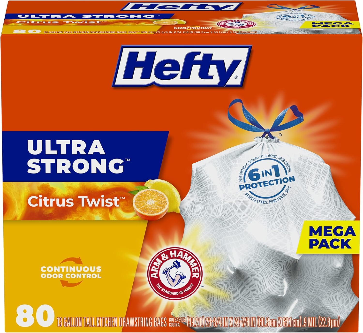 image:imageHefty Ultra Strong 13 Gallon Trash Bags Tall Kitchen Trash Bags 13 Gallon Size Drawstring Closure Continuous Odor Control White Citrus Twist Scent 80 BagsCitrus Twist