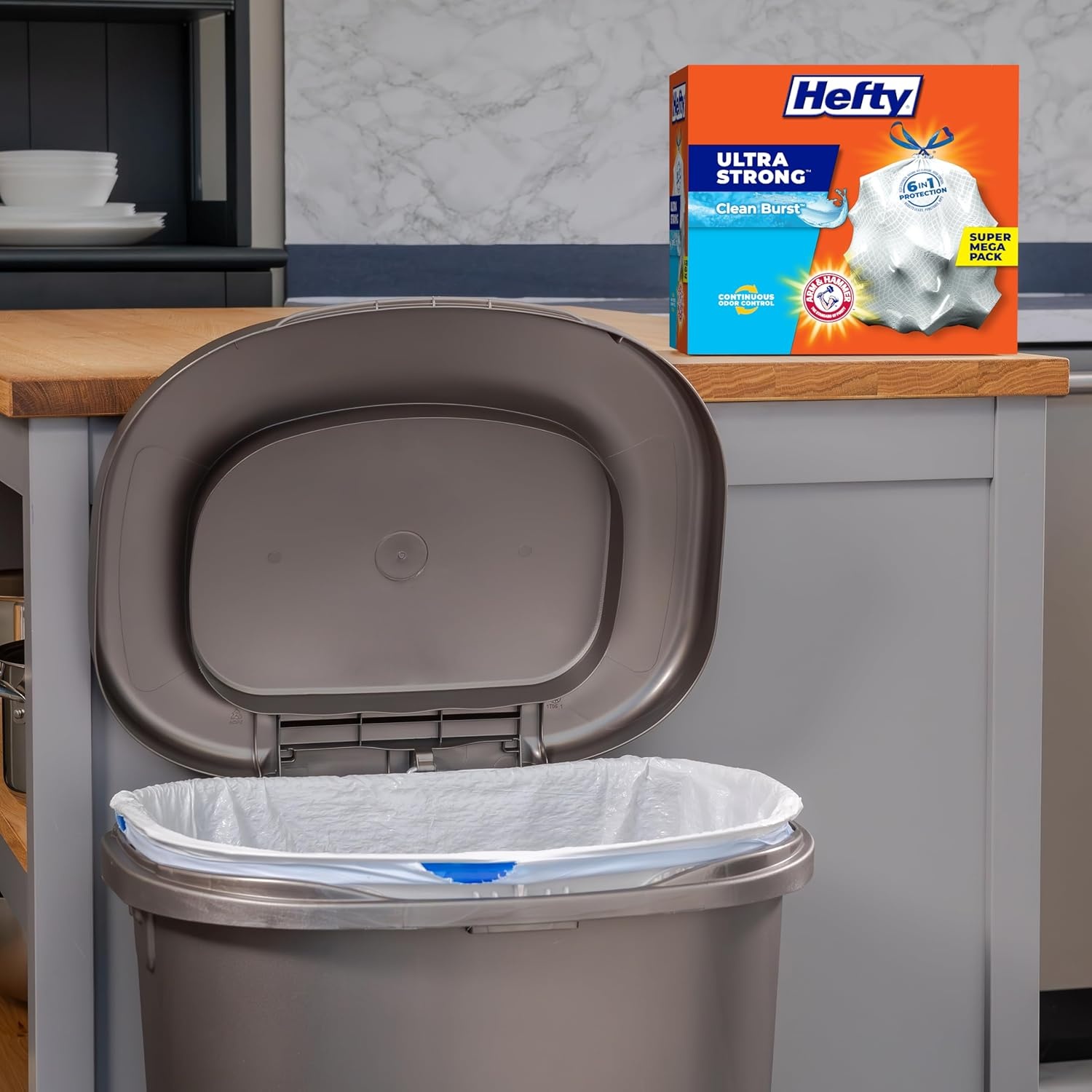 image:imageHefty Ultra Strong 13 Gallon Trash Bags Tall Kitchen Trash Bags 13 Gallon Size Drawstring Closure Continuous Odor Control White Citrus Twist Scent 80 BagsClean Burst