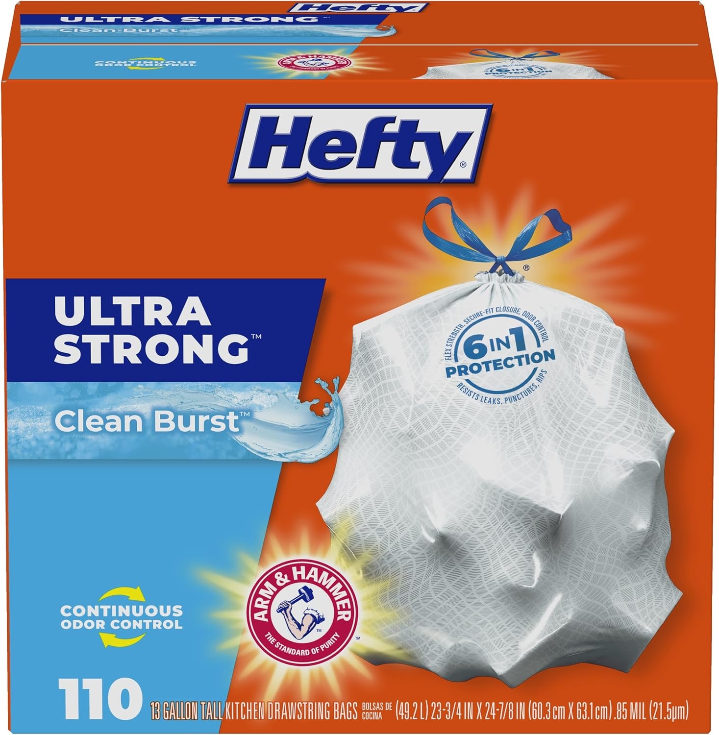 image:imageHefty Ultra Strong 13 Gallon Trash Bags Tall Kitchen Trash Bags 13 Gallon Size Drawstring Closure Continuous Odor Control White Citrus Twist Scent 80 BagsClean Burst