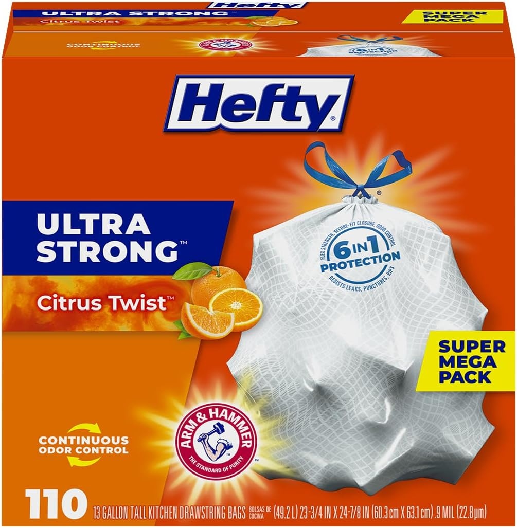 image:imageHefty Ultra Strong 13 Gallon Trash Bags Tall Kitchen Trash Bags 13 Gallon Size Drawstring Closure Continuous Odor Control White Citrus Twist Scent 80 BagsCitrus Twist