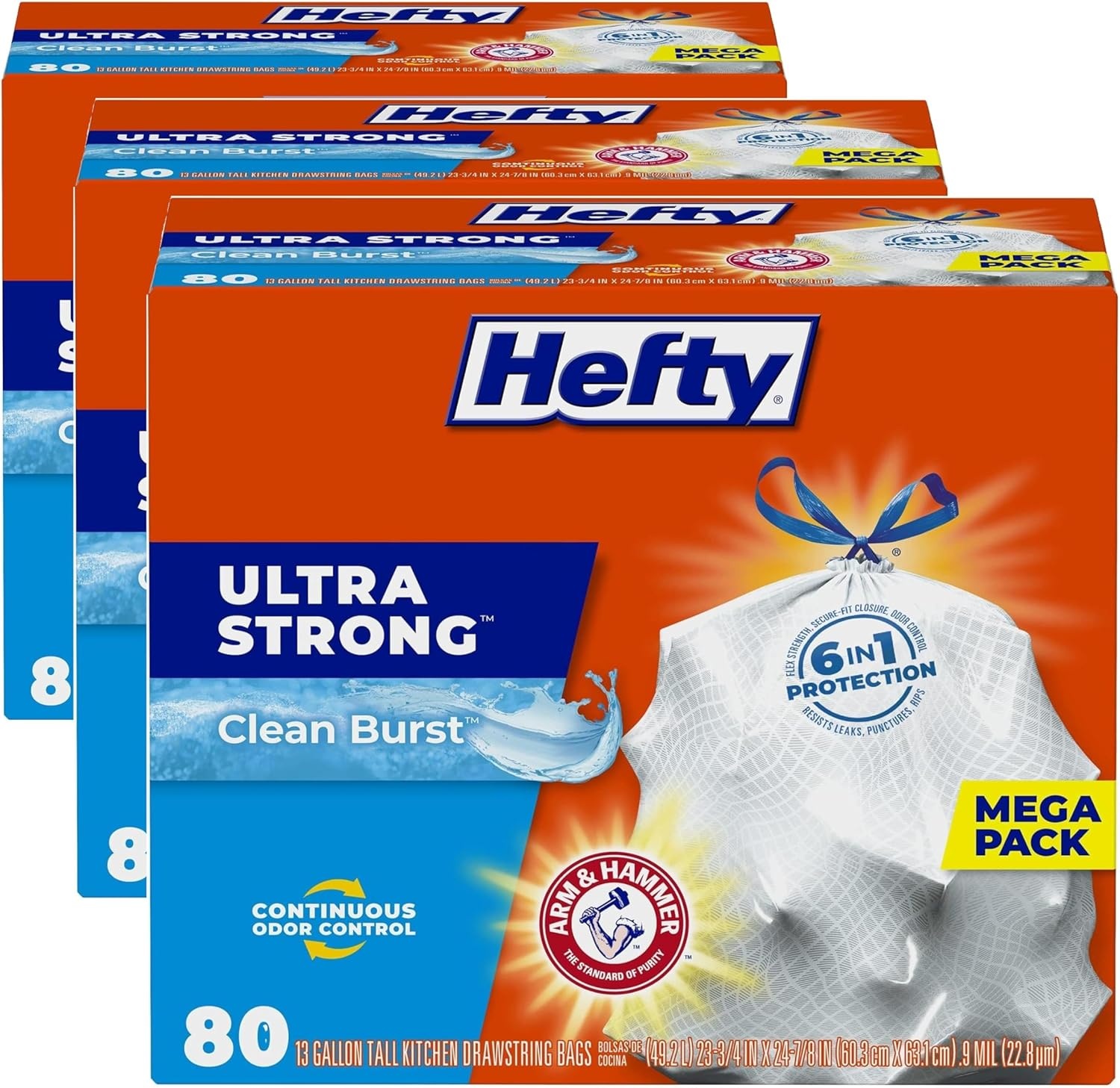 image:imageHefty Ultra Strong 13 Gallon Trash Bags Tall Kitchen Trash Bags 13 Gallon Size Drawstring Closure Continuous Odor Control White Citrus Twist Scent 80 BagsClean Burst