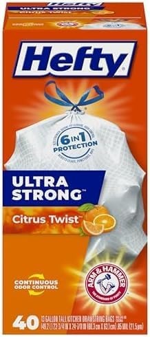 image:imageHefty Ultra Strong 13 Gallon Trash Bags Tall Kitchen Trash Bags 13 Gallon Size Drawstring Closure Continuous Odor Control White Citrus Twist Scent 80 BagsCitrus Twist