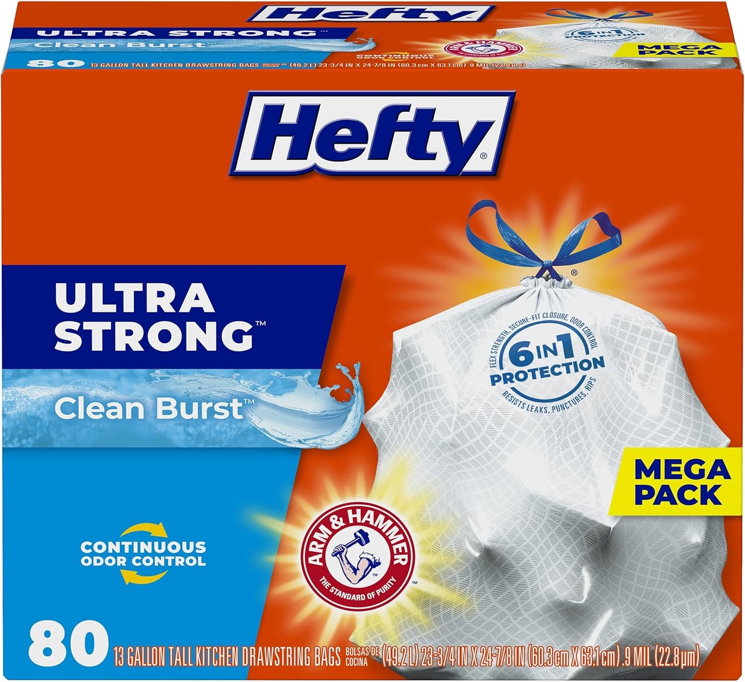 image:imageHefty Ultra Strong 13 Gallon Trash Bags Tall Kitchen Trash Bags 13 Gallon Size Drawstring Closure Continuous Odor Control White Citrus Twist Scent 80 BagsClean Burst